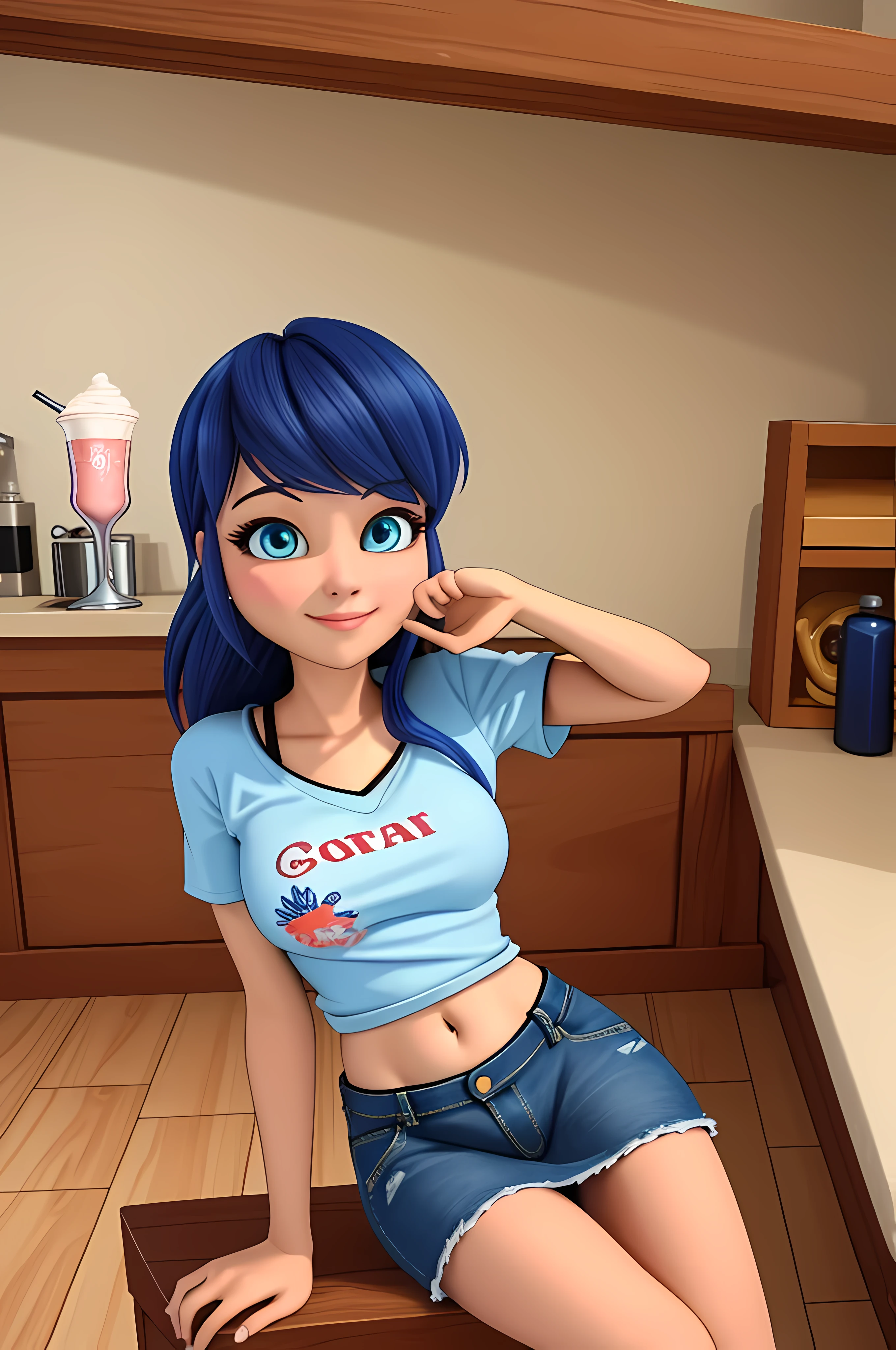 (8k, RAW photo, best quality, masterpiece:1.2), (intricate details), perfect eyes, perfect face, perfect lighting, beautiful, (masterpiece:1.2), (best quality:1.2), 1girl, solo, marinette, blue hair, ((long loosen hair)), adult torso, ************, slight smile, big sized breasts, (denim skirt, red navel t-shirt), holding a milkshake, cowboy shot, 3DMM, seated