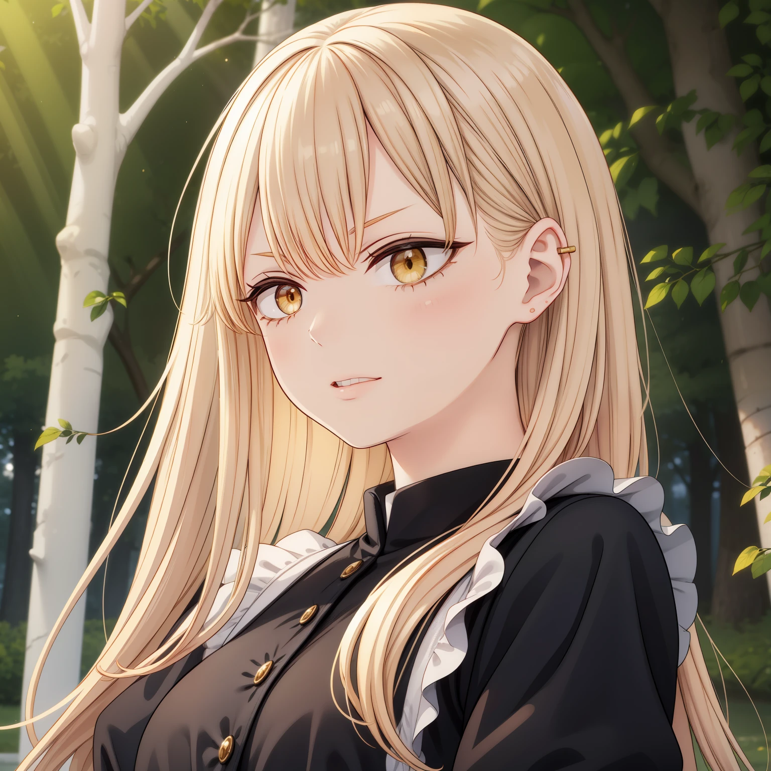 best quality,ultra-detailed,realistic:1.37,highres,golden hair,golden eyes,detailed facial features,serious expressions,beautiful detailed lips,long eyelashes,Guideau (majo to yajuu), maid outfit,golden light illuminating the scene,mysterious atmosphere,enchanted forest background,faint hint of magic in the air,subtle smile on her lips