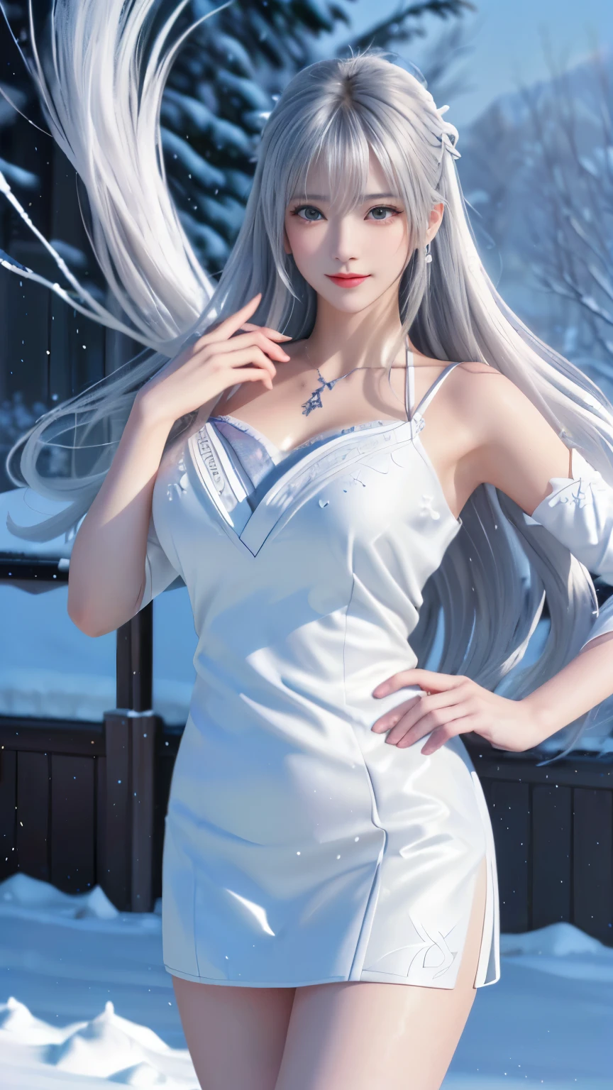 ((logo, masterpiece, 8k, table top, RAW photo, wonderful, 最high quality, Photorealistic and hvery detailed CG integrated 8k wallpaper, high quality, very detailed, Narrative poem, particle effects, dynamic effects, Depth of written boundary, cinematic light, Lens flare, ray tracing, anatomically accurate)), fantasy, 1 beautiful woman, black hair, clear eyes, long hair, beautiful face, real face, 緻密でbeautiful eyes, beautiful skin, ((dancing woman, 優雅にdancing woman, snow sceneの中でdancing woman, 激しくdancing woman)), ((long hairがWindでなびく, long hairが跳ねる, long hairがWindで踊る)), hair jump, jewelry, beautiful eyes, white kimono, white obi, White cherry blossom embroidery pattern, silver earrings, Wind, snow mountainの中で, snow scene, snow mountain, snow makeup, 雪とhoarfrost, snow-capped mountainや森, hoarfrost, snow-capped mountain々, The beauty and brilliance of frost-covered trees, The tranquility and beauty of a world of ice and snow