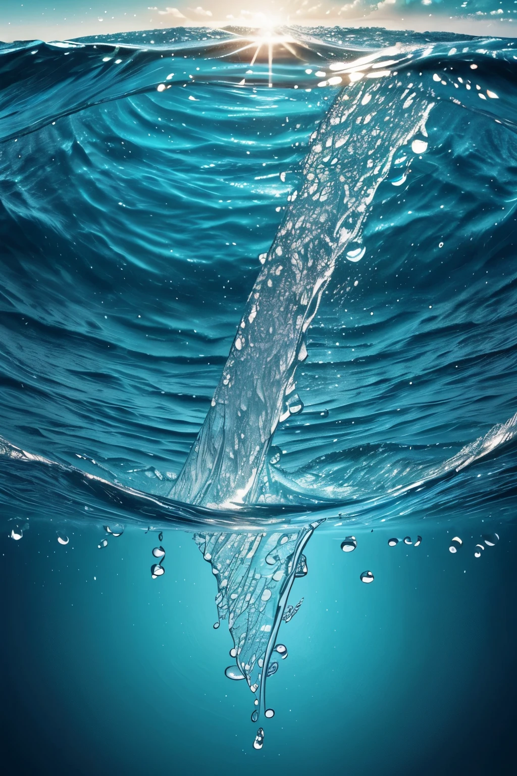 Beautiful artistic portrait of water droplets, in the ocean, photorealistic, illustration, bright colours, insanely detailed