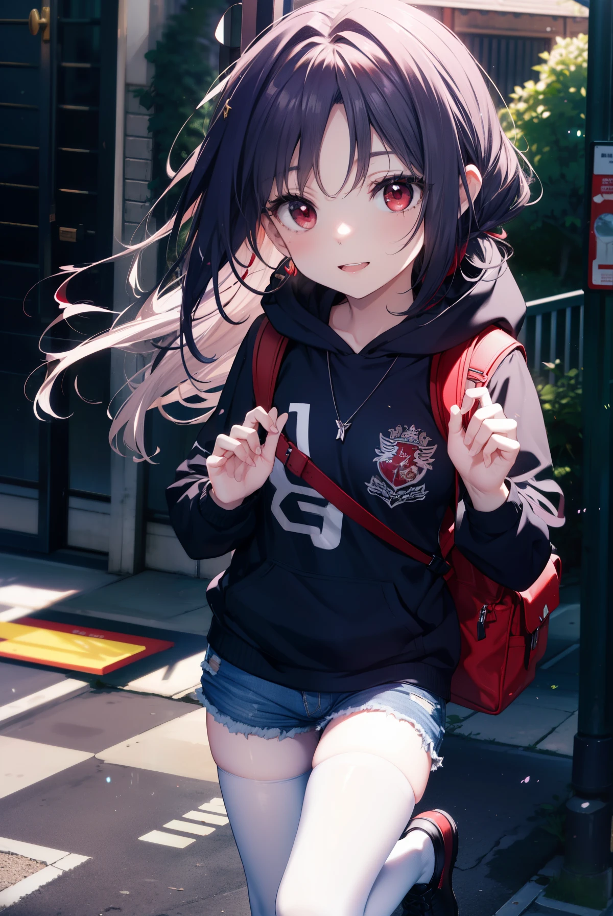 yuukikonno, Yuki Konno, hair band, long hair, pointed ears, purple hair, (red eyes:1.5), (small breasts:1.2), open your mouth,smile,purple hoodie　wearing a hood,black t-shirt,heart shaped necklace,white pantyhose,shorts,short boots,school gate,walking,Small rucksack,morning,morning日,
break looking at viewer, Upper body, whole body,
break outdoors, University,
break (masterpiece:1.2), highest quality, High resolution, unity 8k wallpaper, (figure:0.8), (detailed and beautiful eyes:1.6), highly detailed face, perfect lighting, Very detailed CG, (perfect hands, perfect anatomy),