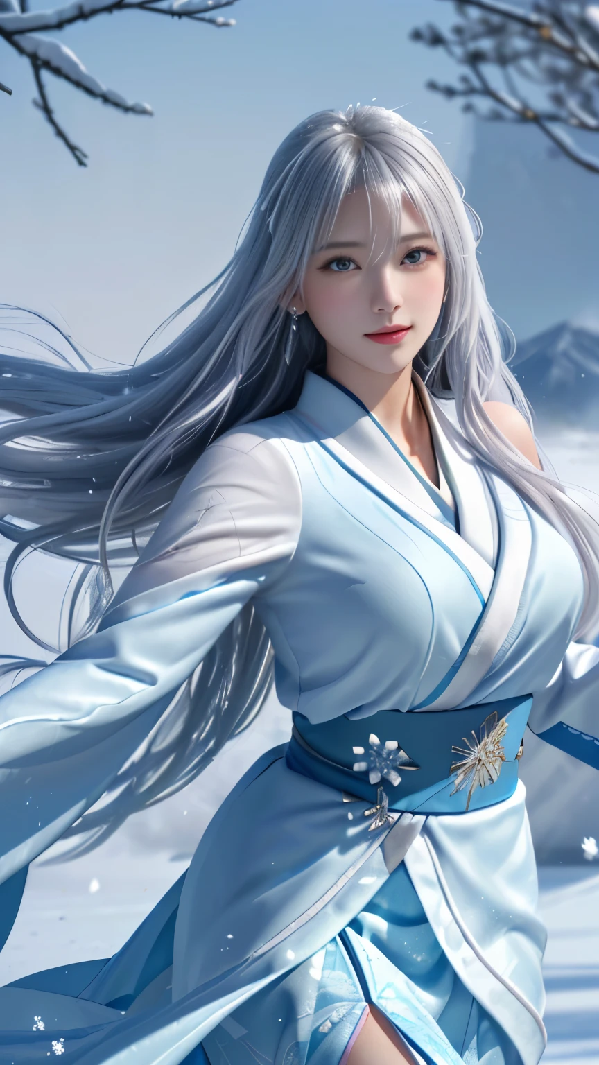 ((logo, masterpiece, 8k, table top, RAW photo, wonderful, 最high quality, Photorealistic and hvery detailed CG integrated 8k wallpaper, high quality, very detailed, Narrative poem, particle effects, dynamic effects, Depth of written boundary, cinematic light, Lens flare, ray tracing, anatomically accurate)), fantasy, 1 beautiful woman, black hair, clear eyes, long hair, beautiful face, real face, 緻密でbeautiful eyes, beautiful skin, ((dancing woman, 優雅にdancing woman, snow sceneの中でdancing woman, 激しくdancing woman)), ((long hairがWindでなびく, long hairが跳ねる, long hairがWindで踊る)), hair jump, jewelry, beautiful eyes, white kimono, white obi, White cherry blossom embroidery pattern, silver earrings, Wind, snow mountainの中で, snow scene, snow mountain, snow makeup, 雪とhoarfrost, snow-capped mountainや森, hoarfrost, snow-capped mountain々, The beauty and brilliance of frost-covered trees, The tranquility and beauty of a world of ice and snow