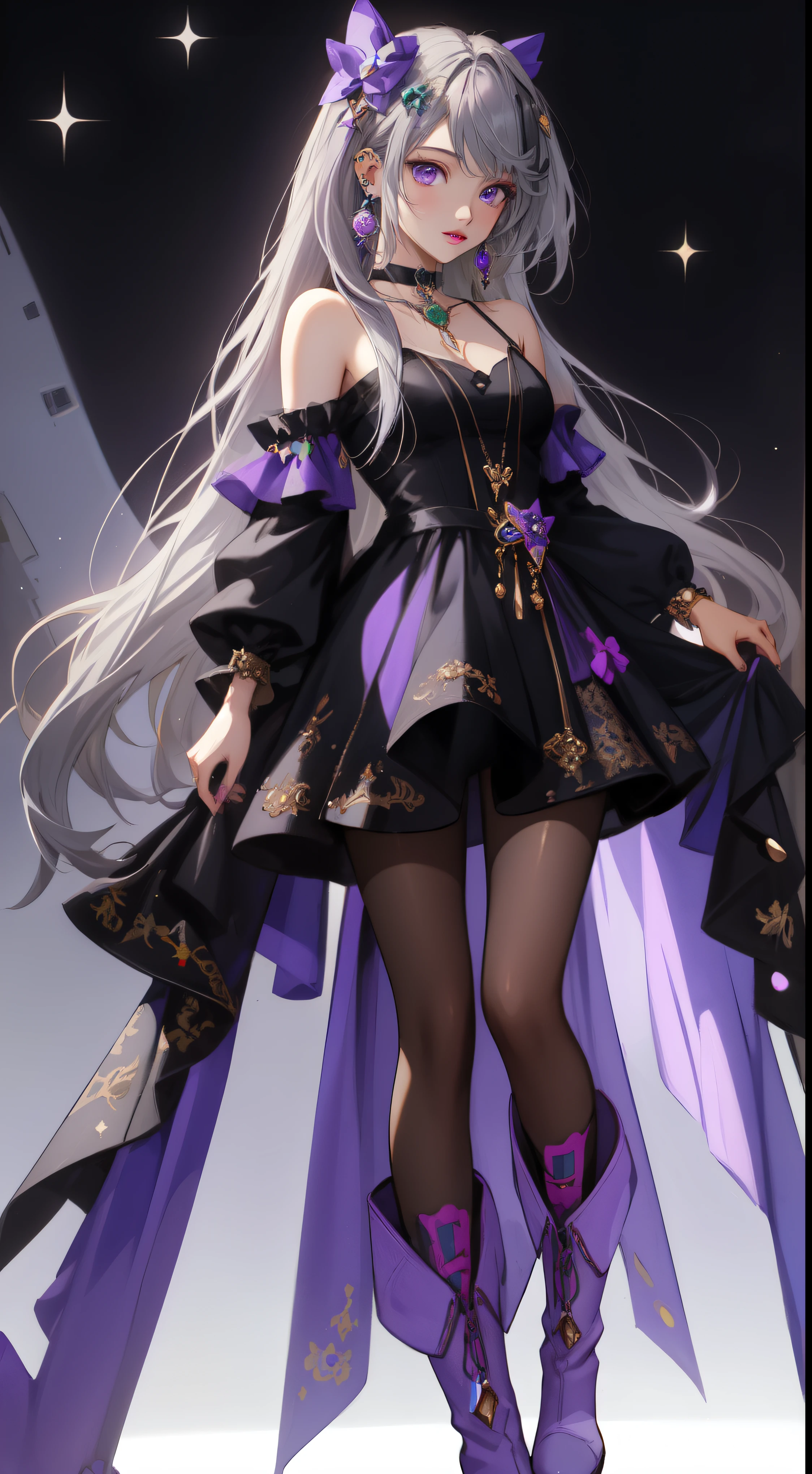 ((masterpiece)), ((highest quality)), ((High resolution)), ((detailed background)), (1 girl), pretty girl, black clothes, long hair, parted bangs, gray hair, purple eyes, detailed face and eyes, perfect lips, (ear piercing), shine, choker, dress, pantyhose, I took this photo wearing white boots., bare shoulders, naked waist, Macross Frontier, cheryl nome, whole body,