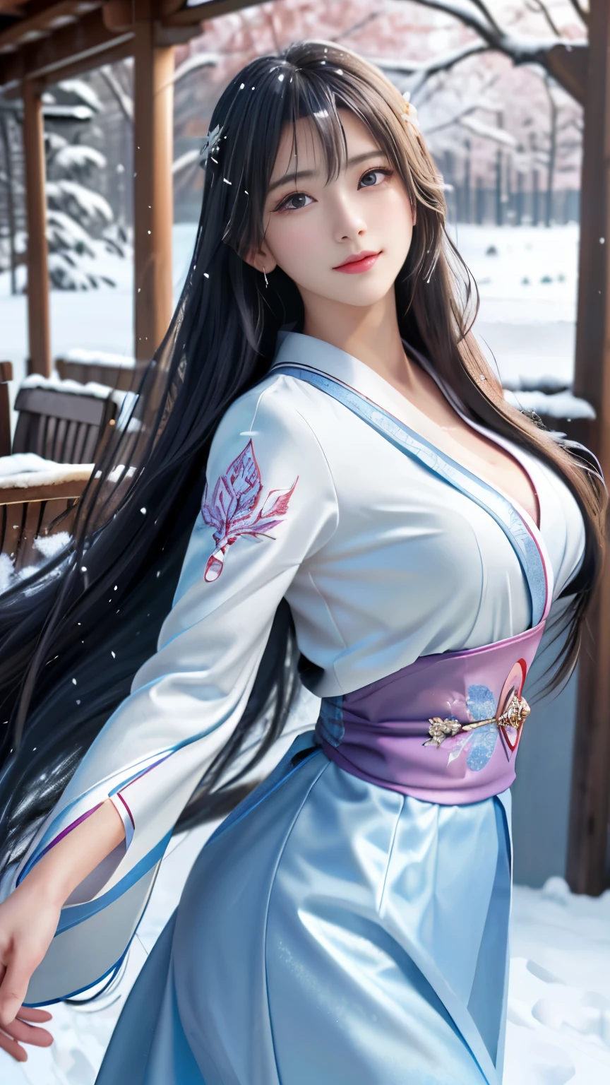 ((logo, masterpiece, 8k, table top, RAW photo, wonderful, 最high quality, Photorealistic and hvery detailed CG integrated 8k wallpaper, high quality, very detailed, Narrative poem, particle effects, dynamic effects, Depth of written boundary, cinematic light, Lens flare, ray tracing, anatomically accurate)), fantasy, 1 beautiful woman, black hair, clear eyes, long hair, beautiful face, real face, 緻密でbeautiful eyes, beautiful skin, ((dancing woman, 優雅にdancing woman, snow sceneの中でdancing woman, 激しくdancing woman)), ((long hairがWindでなびく, long hairが跳ねる, long hairがWindで踊る)), hair jump, jewelry, beautiful eyes, white kimono, white obi, White cherry blossom embroidery pattern, silver earrings, Wind, snow mountainの中で, snow scene, snow mountain, snow makeup, 雪とhoarfrost, snow-capped mountainや森, hoarfrost, snow-capped mountain々, The beauty and brilliance of frost-covered trees, The tranquility and beauty of a world of ice and snow