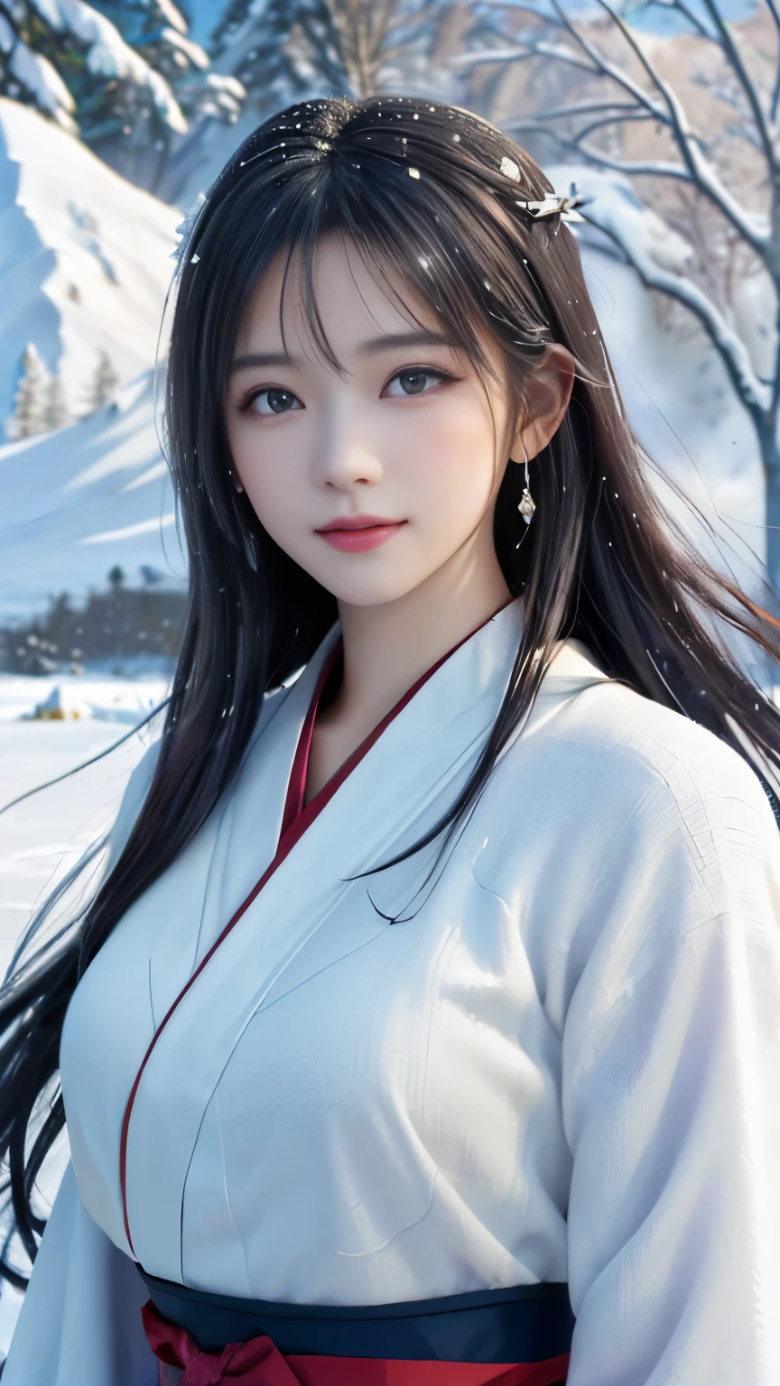 ((logo, masterpiece, 8k, table top, RAW photo, wonderful, 最high quality, Photorealistic and hvery detailed CG integrated 8k wallpaper, high quality, very detailed, Narrative poem, particle effects, dynamic effects, Depth of written boundary, cinematic light, Lens flare, ray tracing, anatomically accurate)), fantasy, 1 beautiful woman, black hair, clear eyes, long hair, beautiful face, real face, 緻密でbeautiful eyes, beautiful skin, ((dancing woman, 優雅にdancing woman, snow sceneの中でdancing woman, 激しくdancing woman)), ((long hairがWindでなびく, long hairが跳ねる, long hairがWindで踊る)), hair jump, jewelry, beautiful eyes, white kimono, white obi, White cherry blossom embroidery pattern, silver earrings, Wind, snow mountainの中で, snow scene, snow mountain, snow makeup, 雪とhoarfrost, snow-capped mountainや森, hoarfrost, snow-capped mountain々, The beauty and brilliance of frost-covered trees, The tranquility and beauty of a world of ice and snow