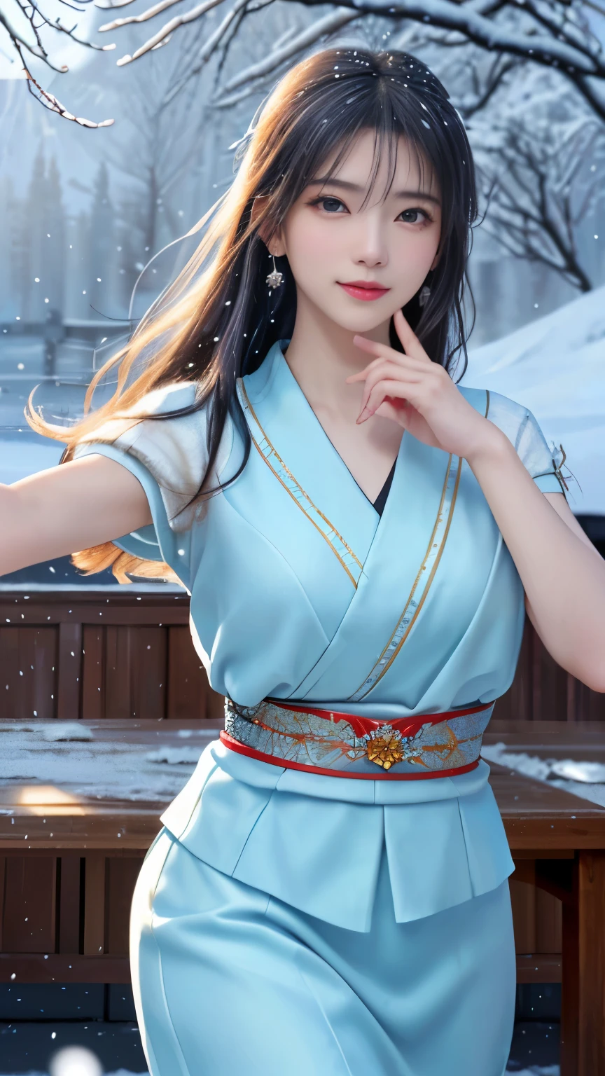 ((logo, masterpiece, 8k, table top, RAW photo, wonderful, 最high quality, Photorealistic and hvery detailed CG integrated 8k wallpaper, high quality, very detailed, Narrative poem, particle effects, dynamic effects, Depth of written boundary, cinematic light, Lens flare, ray tracing, anatomically accurate)), fantasy, 1 beautiful woman, black hair, clear eyes, long hair, beautiful face, real face, 緻密でbeautiful eyes, beautiful skin, ((dancing woman, 優雅にdancing woman, snow sceneの中でdancing woman, 激しくdancing woman)), ((long hairがWindでなびく, long hairが跳ねる, long hairがWindで踊る)), hair jump, jewelry, beautiful eyes, white kimono, white obi, White cherry blossom embroidery pattern, silver earrings, Wind, snow mountainの中で, snow scene, snow mountain, snow makeup, 雪とhoarfrost, snow-capped mountainや森, hoarfrost, snow-capped mountain々, The beauty and brilliance of frost-covered trees, The tranquility and beauty of a world of ice and snow
