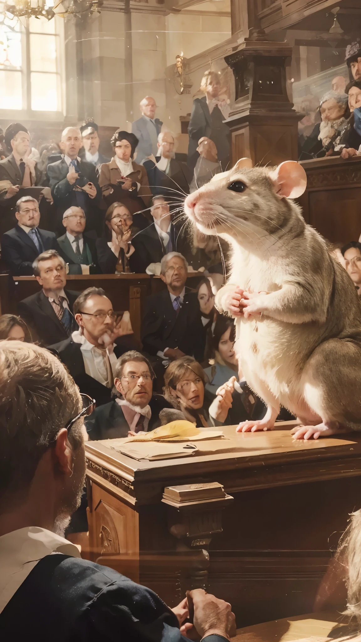 a rat sitting on top of a table in front of a crowd, behance. high detail, courtroom drawing, computer mouse, houses of parliament, thom wasselmann, detailed realistic expressions, restoration, vibrant realistic, talking creatures, steve niles, courtroom, photoreal, jury, editorial awarded, dixit card, 1 8, scolding
