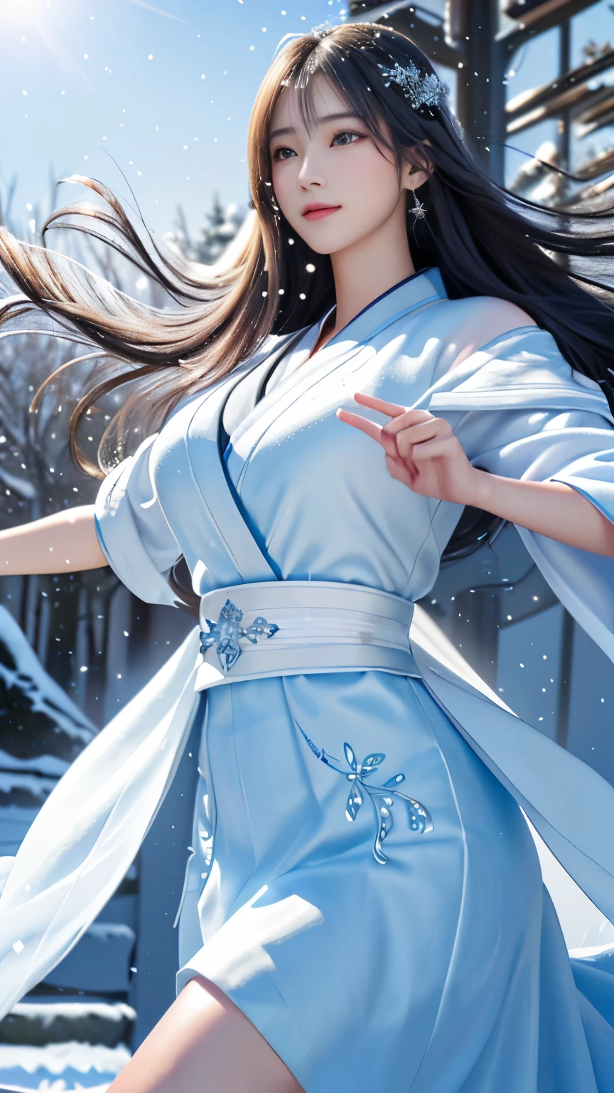 ((logo, masterpiece, 8k, table top, RAW photo, wonderful, 最high quality, Photorealistic and hvery detailed CG integrated 8k wallpaper, high quality, very detailed, Narrative poem, particle effects, dynamic effects, Depth of written boundary, cinematic light, Lens flare, ray tracing, anatomically accurate)), fantasy, 1 beautiful woman, black hair, clear eyes, long hair, beautiful face, real face, 緻密でbeautiful eyes, beautiful skin, ((dancing woman, 優雅にdancing woman, snow sceneの中でdancing woman, 激しくdancing woman)), ((long hairがWindでなびく, long hairが跳ねる, long hairがWindで踊る)), hair jump, jewelry, beautiful eyes, white kimono, white obi, White cherry blossom embroidery pattern, silver earrings, Wind, snow mountainの中で, snow scene, snow mountain, snow makeup, 雪とhoarfrost, snow-capped mountainや森, hoarfrost, snow-capped mountain々, The beauty and brilliance of frost-covered trees, The tranquility and beauty of a world of ice and snow