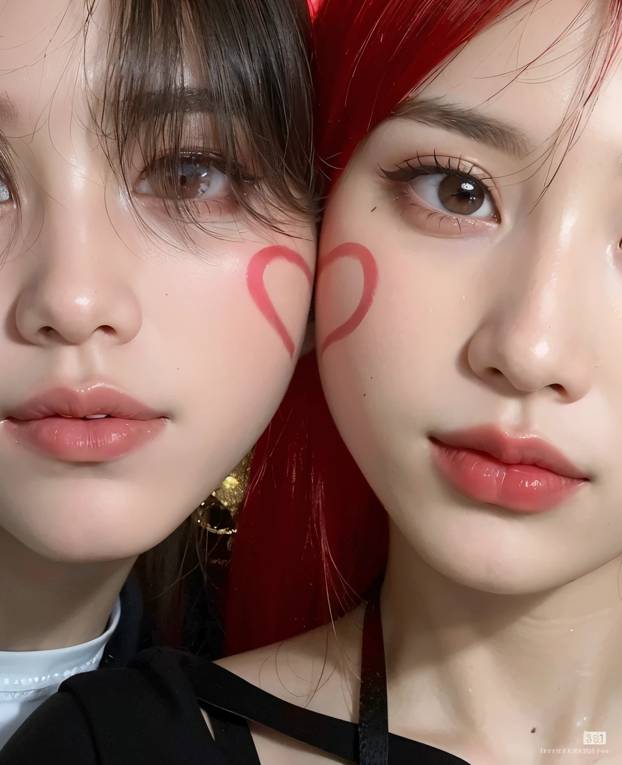 there are two young women with red hair and hearts painted on their faces, ambos tienen labios rojos, small heart shaped face, maquillaje popular de corea del sur, caras hermosas esteticas, ulzzang, heart shaped face, Jimin\los labios carnosos, heart shaped face, heart shaped face, maquillaje coreano popular, lentes de contacto rojos, La cara y la piel son de color rojo oscuro