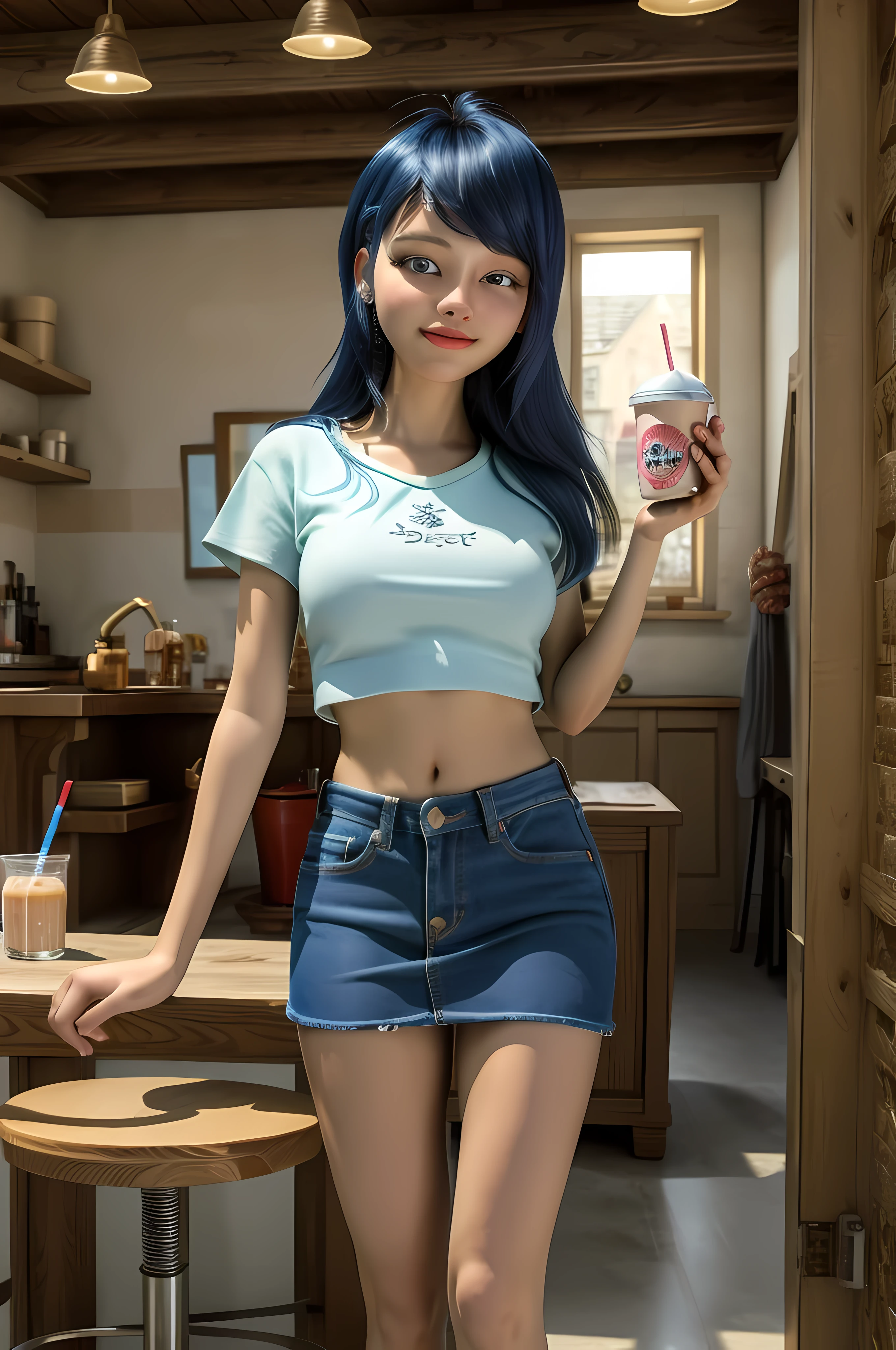 (8k, RAW photo, best quality, masterpiece:1.2), (intricate details), perfect eyes, perfect face, perfect lighting, beautiful, (masterpiece:1.2), (best quality:1.2), 1girl, solo, marinette, blue hair, ((long loosen hair)), adult torso, 17 years old, slight smile, big sized breasts, (denim short skirt, red navel t-shirt), holding a milkshake, cowboy shot, 3DMM