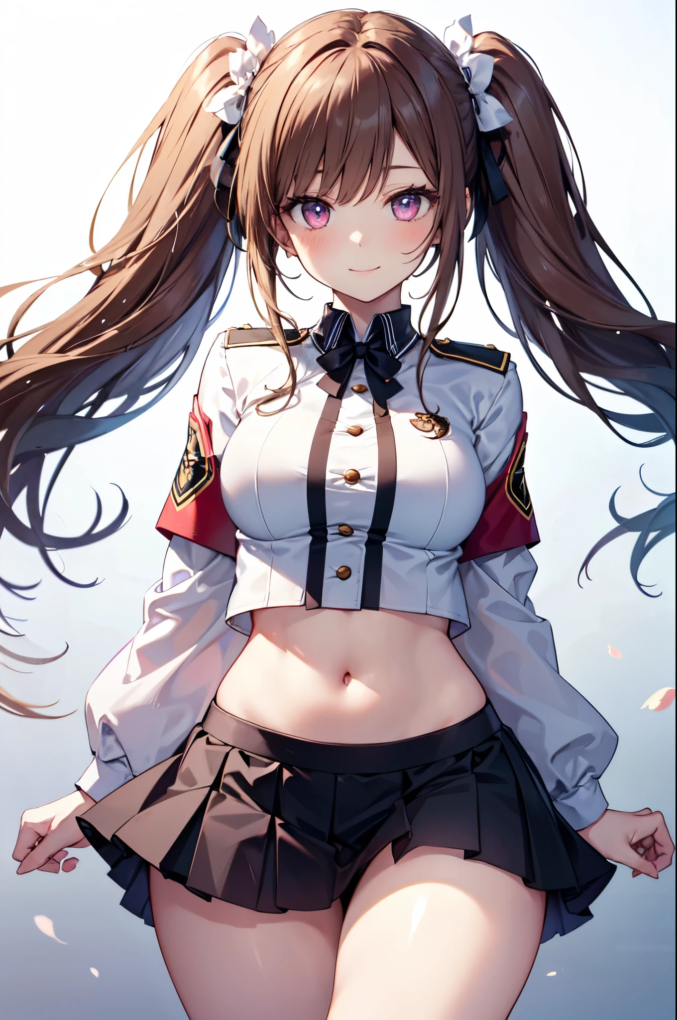 realistic image, coherent image, detailed image, 1 beautiful girl. She has brown hair, with two pigtails and a fox mask in her hair. Pink eyes, long eyelashes. Her face is oval and delicate. Smiling. She has a curvy body, medium breasts, thin waist, thick thighs. She is wearing a crop top, mini skirt. sexy pose. White background. uniform background. natural lighting in front, volumetric lighting