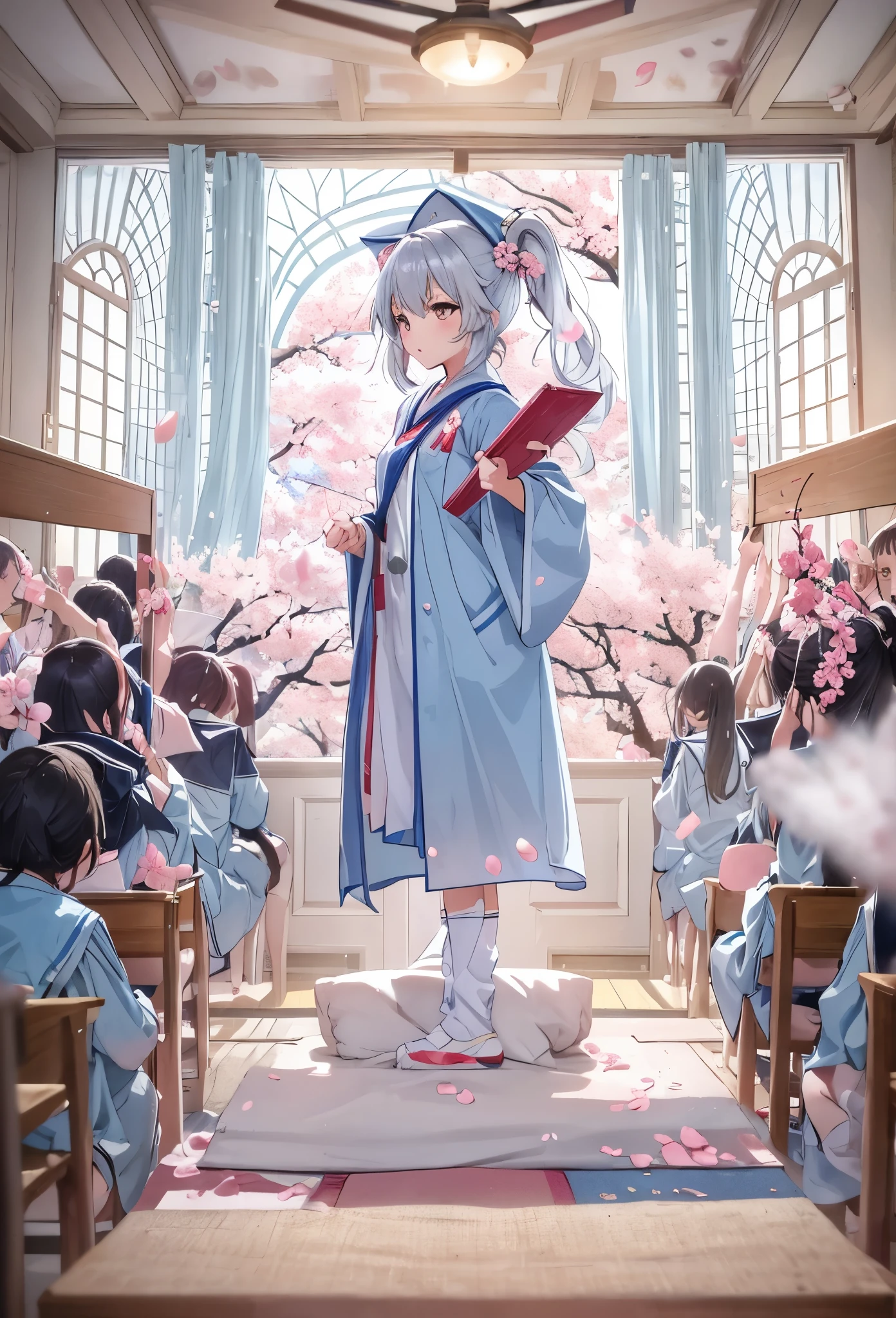 wearing an academic gown　light blue long hair　Beautiful girl with twin tails　Cherry blossoms outside the window　Cherry blossom petals are dancing　A group of classmates are watching