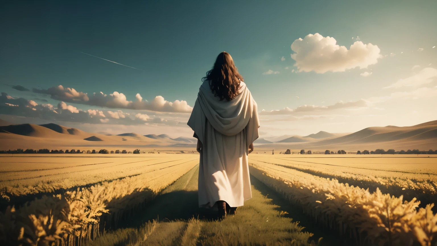 Jesus in front of a giant army in a field facing backwards