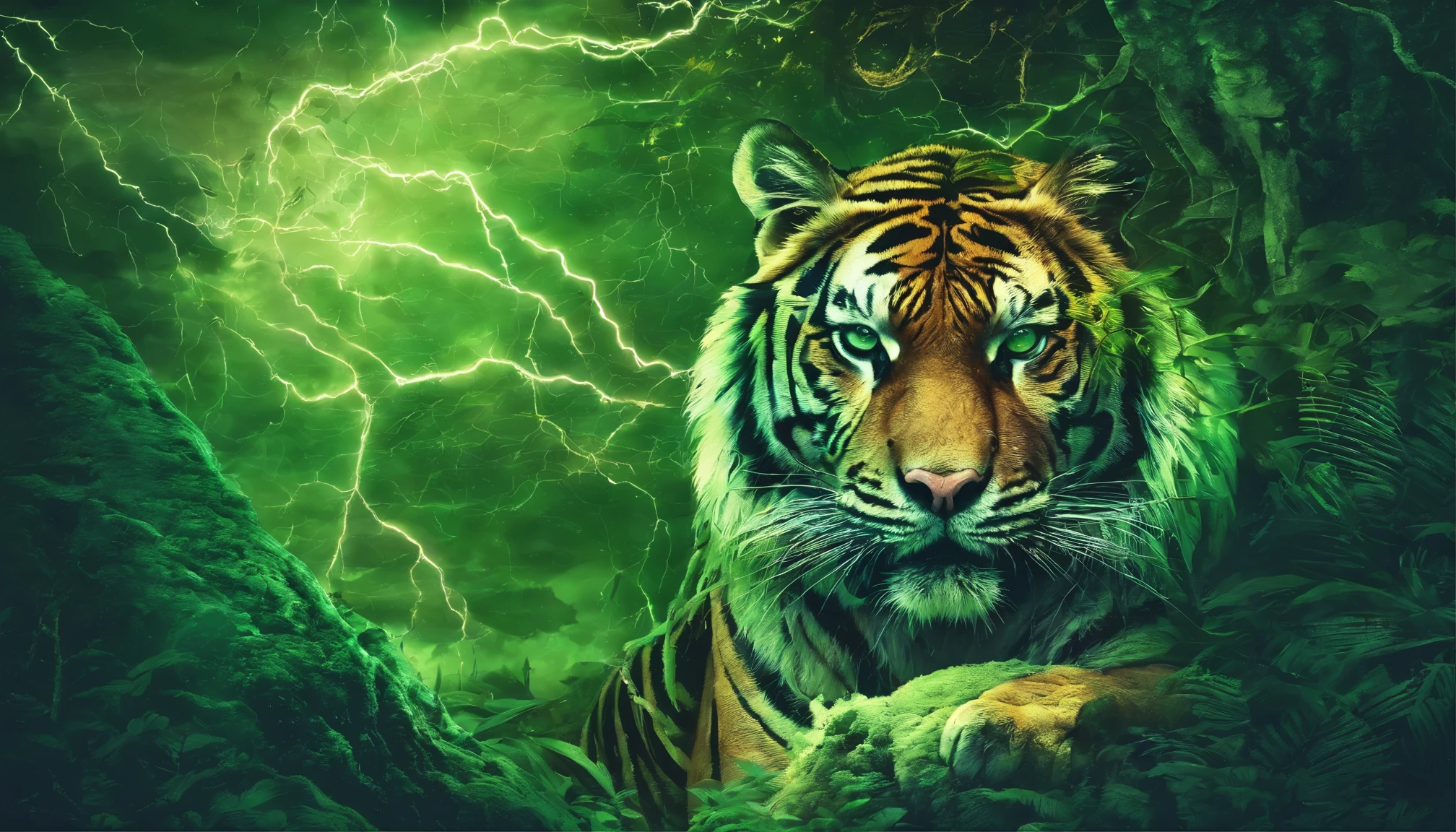 Tiger wallpaper, 4k, fine details, shades of green, dark colours, lighning in the background, night scene, calm tiger pose, lightning eyes, realistic form