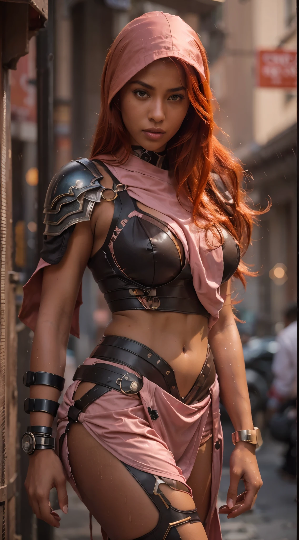 Best image , HDR , ultra resolution , 8k image , Tall Redhead woman 22 years old , dark skin , red hair , thick thighs , medium breasts showing , sexy Arab ninja outfit , light pink clothes , wet lips , on the streets . cyborg arabian ninja sensualizing