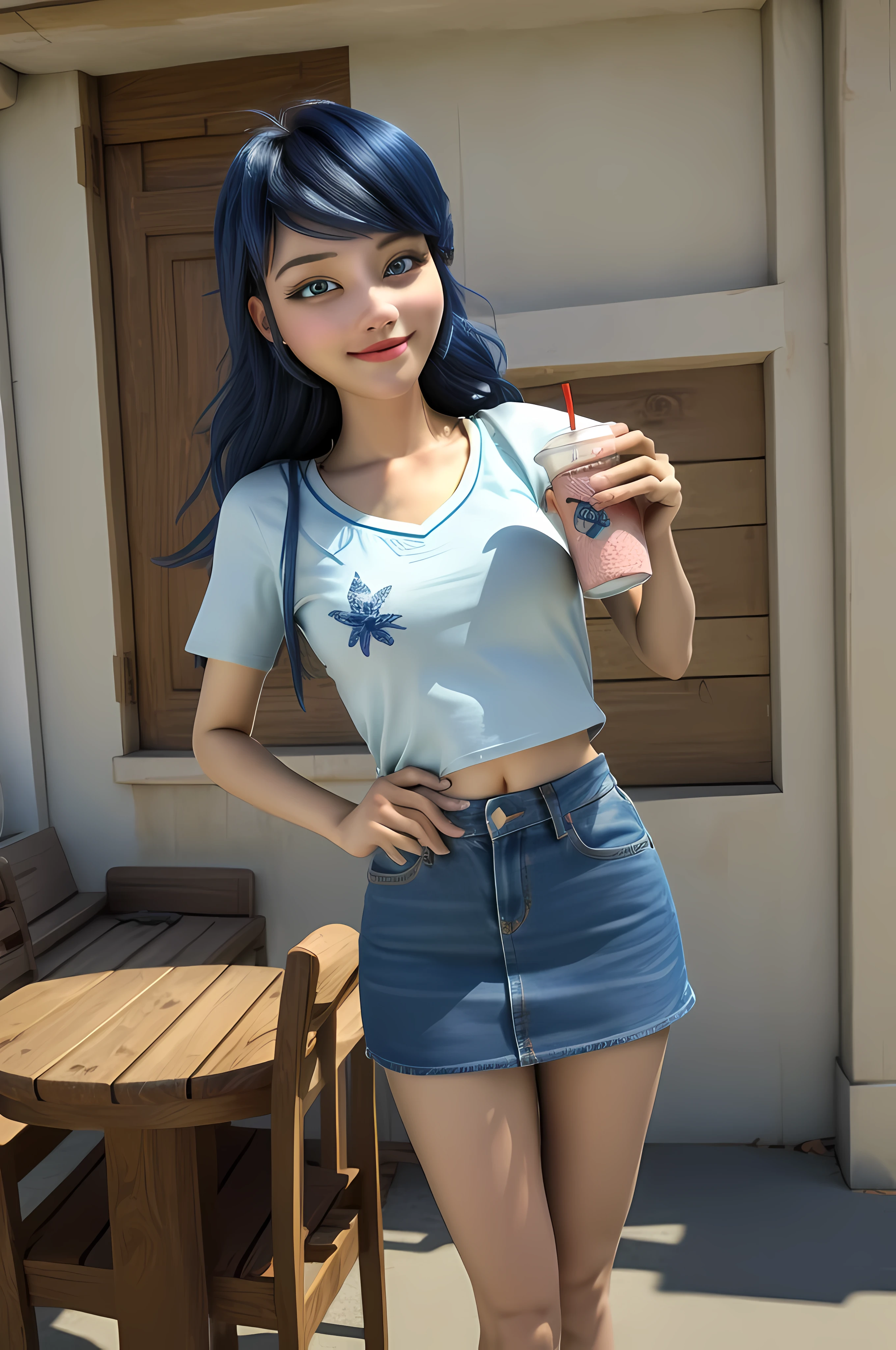 (8k, RAW photo, best quality, masterpiece:1.2), (intricate details), perfect eyes, perfect face, perfect lighting, beautiful, (masterpiece:1.2), (best quality:1.2), 1girl, solo, marinette, blue hair, ((long loosen hair)), adult torso, 17 years old, slight smile, big sized breasts, (denim short skirt, red navel t-shirt), holding a milkshake, cowboy shot, 3DMM