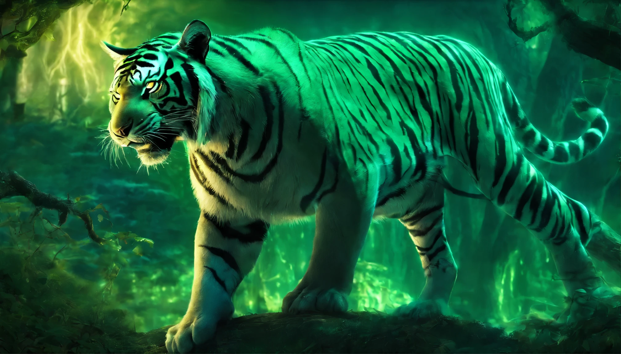 Tiger wallpaper, 4k, fine details, shades of green, dark colours, lighning in the background, night scene, dynamic attacking tiger pose, lightning eyes, realistic form