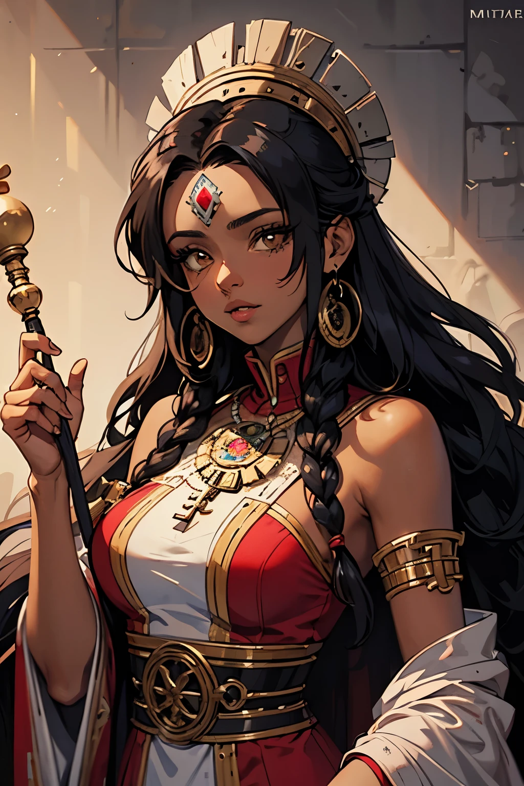 ((best quality)), ((masterpiece)), (detailed), perfect face, female, long hair, curly hair, black hair, red tinted hair, elaborate dress, multicolored dress, dark skin, hazel eyes, red eyeshadow, Mexican inspired fantasy character, detailed key anime art, Aztec undertones, detailed digital anime art, Aztec priestess, Aztec shamaness, Aztec sorceress, black skin