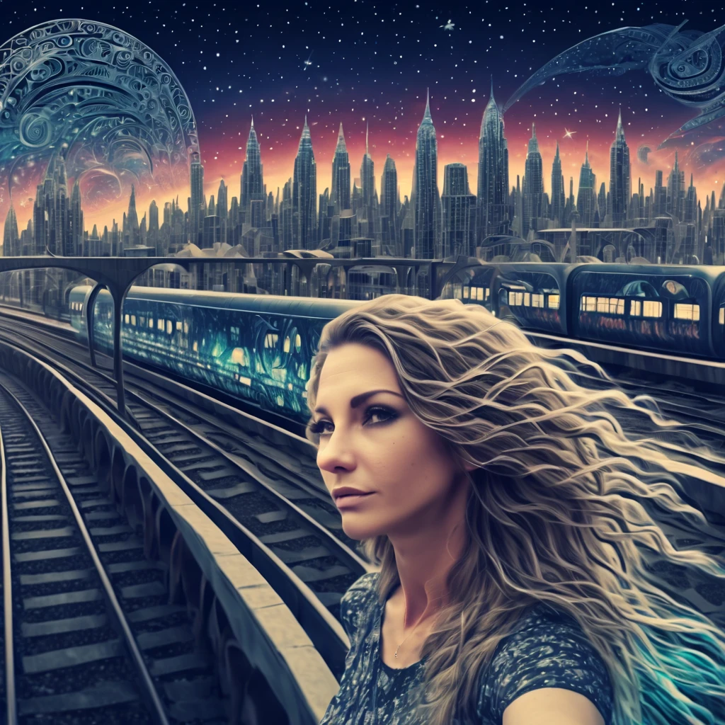 Marija. Magical starry sky. zentangle art deco style racing Train Station, female driver long hair, windy hair, speed, action, art deco style science fiction, magical art deco style future skyscrapers (best quality,4k,8k,highres,masterpiece:1.2),ultra-detailed,(realistic,photorealistic,photo-realistic:1.37)