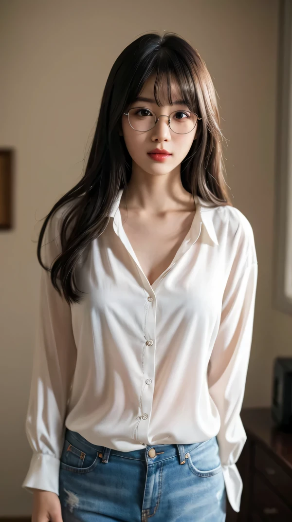 (RAW photo, 最high quality), (realistic, photo-realistic:1.3), very delicate and beautiful, wonderful, finely, masterpiece, Super detailed, High resolution, (best shadow), sharp focus, volumetric fog, 8k UHD, Digital single-lens reflex camera, high quality, Fujifilm XT3, black hair,straight long hair,Bangs on eyebrows, Glasses,Looking ahead,simple background,blouse