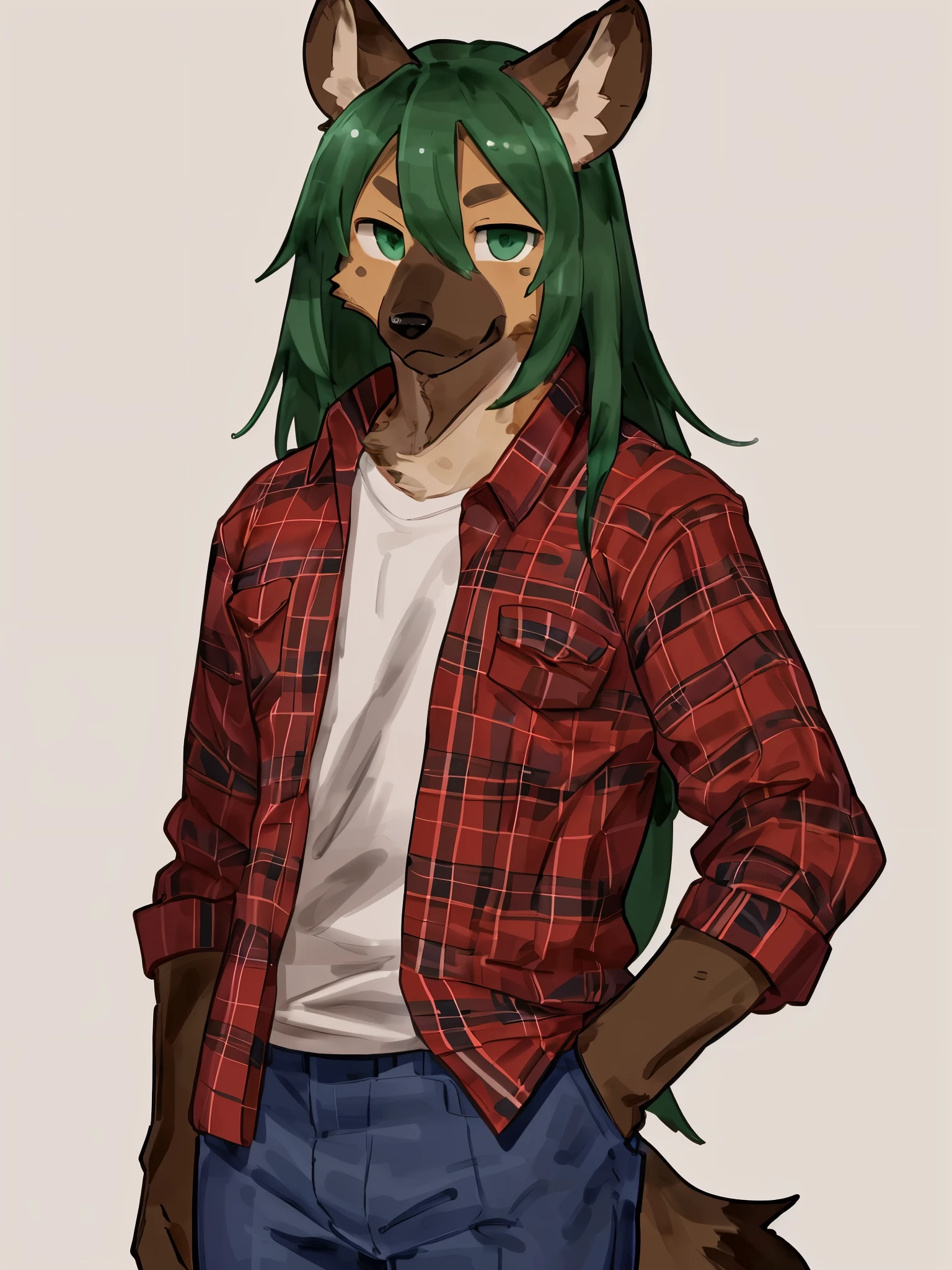 (((Detailed anatomy, detailed eyes detailed body detailed face, best quality, high resolution))), solo, 1male, hyena, green long hair, adult, brown furs, skinny muscle, dark green eyes, red plaid bottom shirt, jeans pant, black shoes, in the white background, focus on face, standing, by Buta99, by Buta99