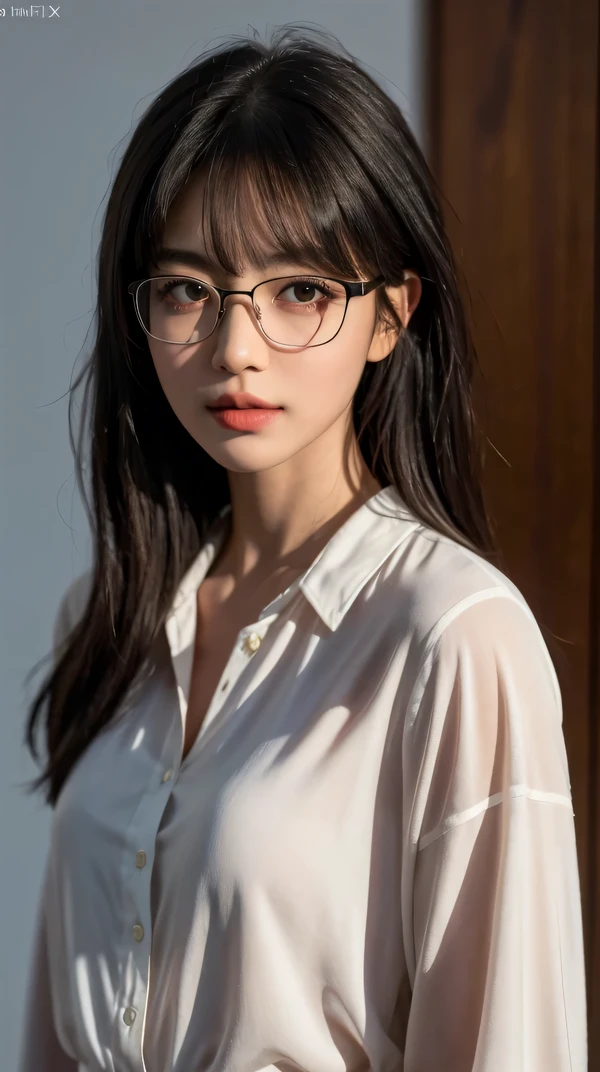 (RAW photo, 最high quality), (realistic, photo-realistic:1.3), very delicate and beautiful, wonderful, finely, masterpiece, Super detailed, High resolution, (best shadow), sharp focus, volumetric fog, 8k UHD, Digital single-lens reflex camera, high quality, Fujifilm XT3, black hair,straight long hair,Bangs on eyebrows, Glasses,Looking ahead,simple background,blouse