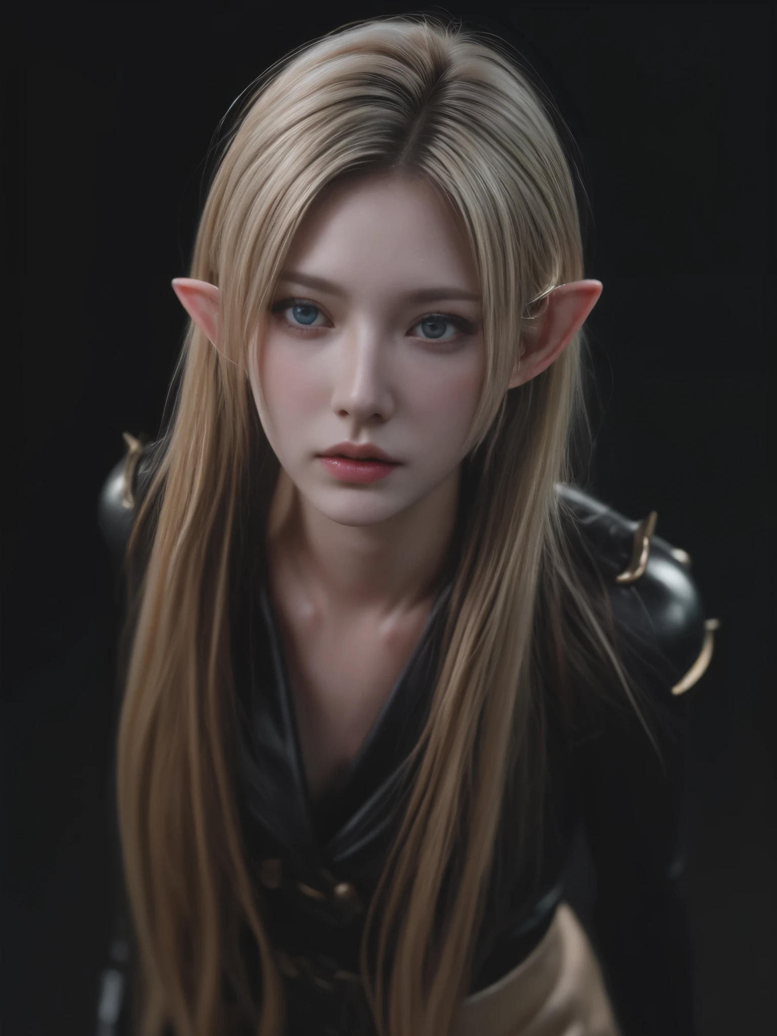 analog photo, (Best quality:1.4), (ultra detailed:1.4), Full length photo of a pale blonde woman, Intense red eyes, elf ranger, black suit with spikes, demonic, From, living dead, Cute sexy, (detailed face, detailed eyes), (Photorealistic:1.4), (granularity, depth of field)