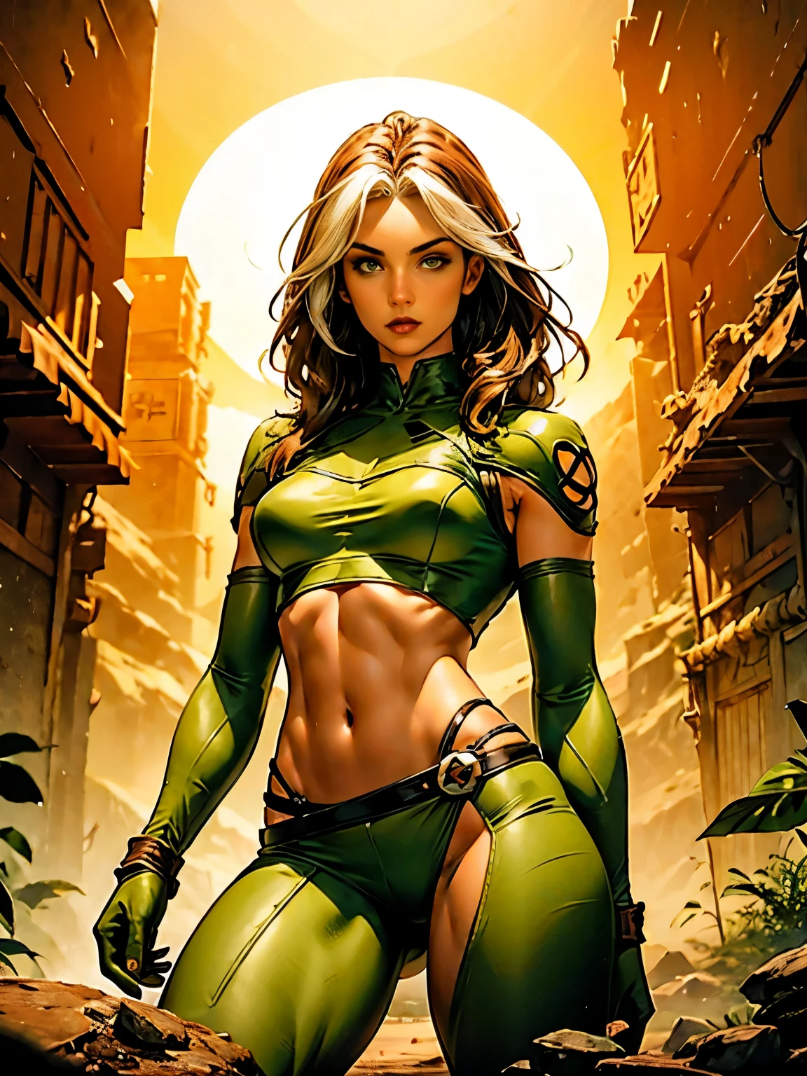 Titania, pose sexy, desierto, x-men Rogue, senos grandes, cabello largo, small waist, alta calidad, 4k, grandes muslos, escote en el pecho