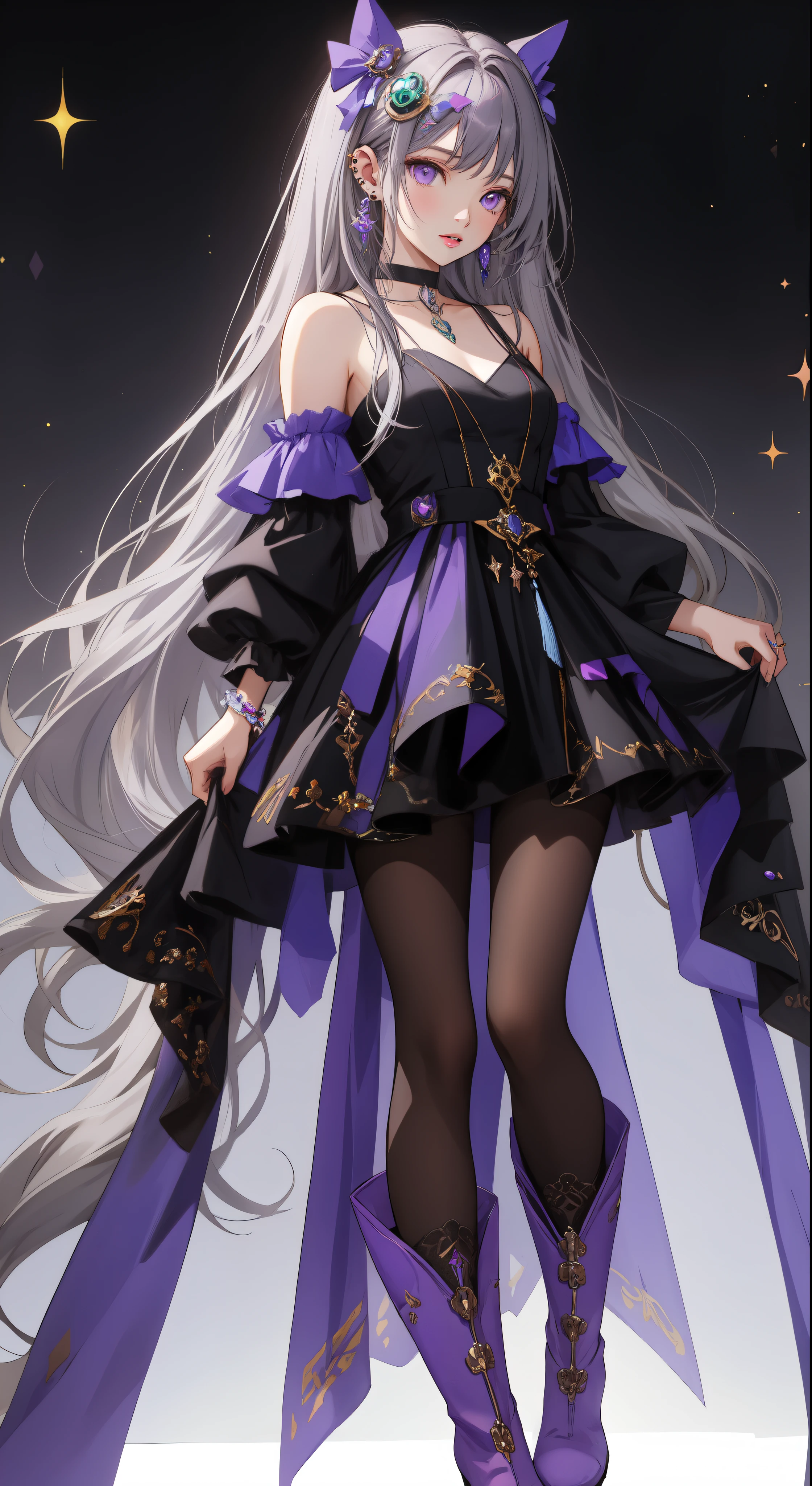 ((masterpiece)), ((highest quality)), ((High resolution)), ((detailed background)), (1 girl), pretty girl, black clothes, long hair, parted bangs, gray hair, purple eyes, detailed face and eyes, perfect lips, (ear piercing), shine, choker, dress, pantyhose, I took a photo wearing white boots., bare shoulders, naked waist, Macross Frontier, sheryl gnome, whole body,