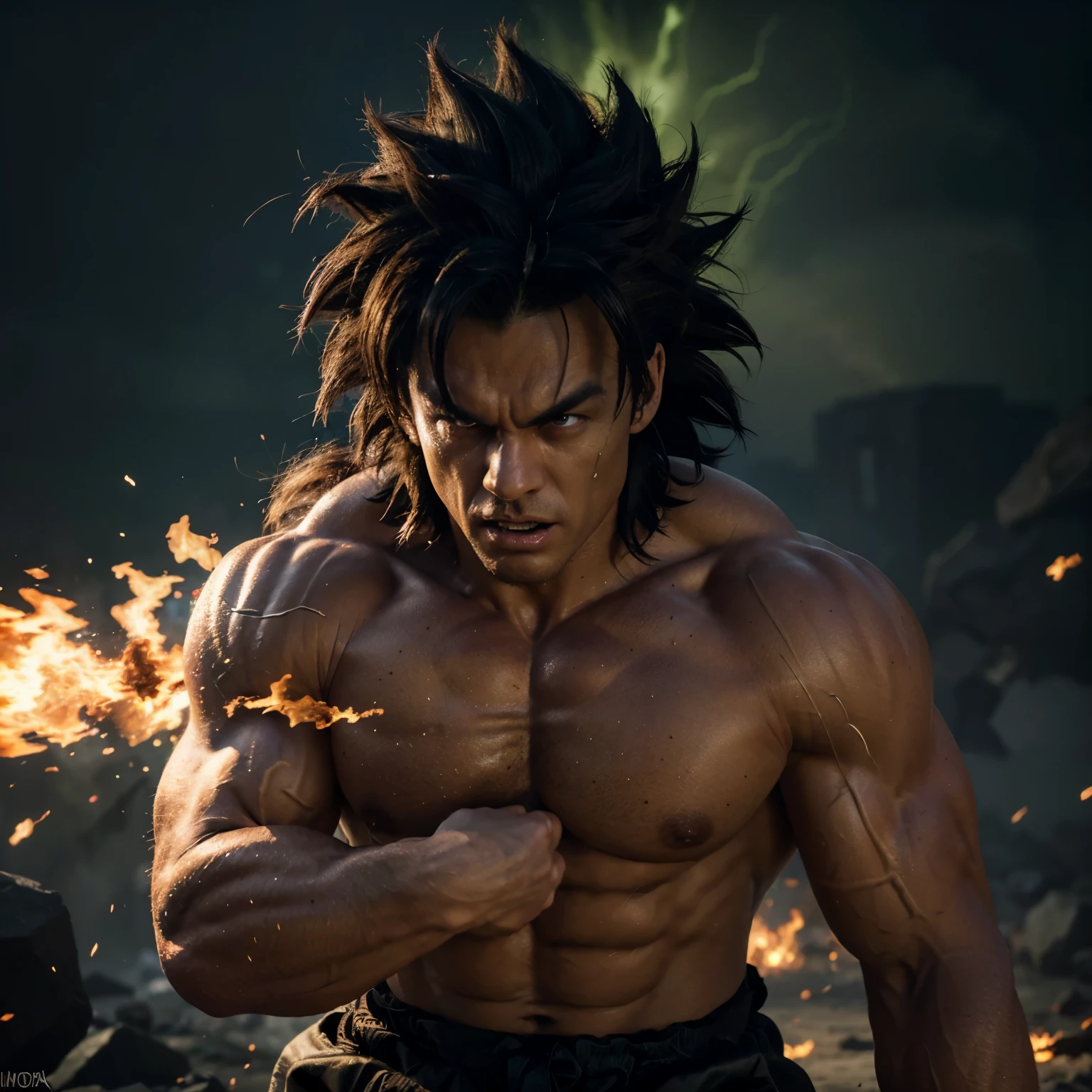 (best quality,4k,8k,highres,masterpiece:1.2),ultra-detailed,(realistic,photorealistic,photo-realistic:1.37),fierce and muscular antagonist,battle scene,strong facial expression,ripped muscles,aggressive stance,burning aura,destructive power,hostile glare,fighting Saiyan,explosion effects,Broly's towering figure,energetic and intense movements,advanced 3D rendering,emotionally charged atmosphere,modern digital illustration,dark and intense color scheme,dramatic lighting,detailed facial features,muscle definition on Broly's body,dynamic and epic composition,inspired by Dragon Ball Z,impressive energy waves,highly detailed clothing,wind-blown hair,emphasized power and strength,symbolic power transformations,combat-ready,chaotic and turbulent energy,exaggerated special effects,signature green aura of Broly,ferocious battlescene.