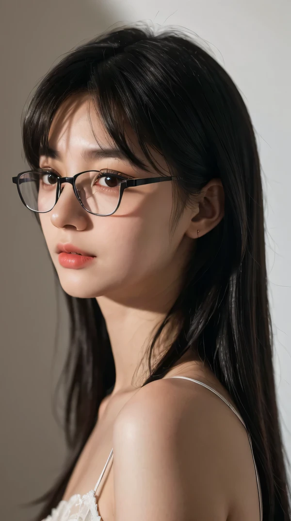 (RAW photo, 最high quality), (realistic, photo-realistic:1.3), very delicate and beautiful, wonderful, finely, masterpiece, Super detailed, High resolution, (best shadow), sharp focus, volumetric fog, 8k UHD, Digital single-lens reflex camera, high quality, Fujifilm XT3, black hair,straight long hair,Bangs on eyebrows, Glasses