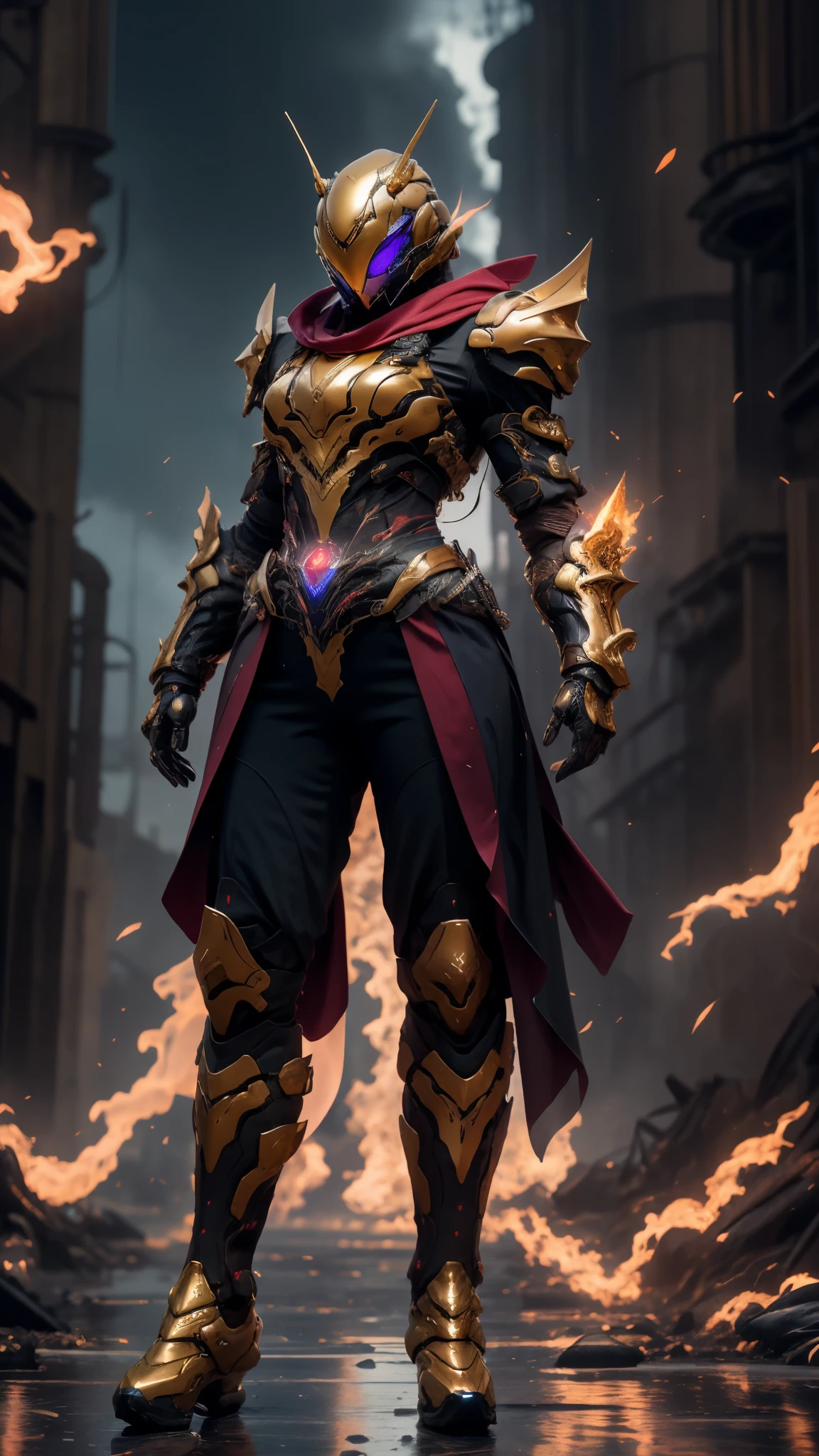 A woman adorned in fantasy-style full-body armor, a crown-concept fully enclosed helmet that unveils only her eyes, a composite layered chest plate, fully encompassing shoulder and hand guards, a lightweight waist armor, form-fitting shin guards, the overall design is heavy-duty yet flexible, ((the armor gleams with a golden glow, complemented by red and blue accents)), exhibiting a noble aura, she floats above a fantasy-surreal high-tech city, this character embodies a finely crafted fantasy-surreal style armored hero in anime style, exquisite and mature manga art style, (Queen bee mixed with Spider concept Armor, plasma, blood), ((Element, energy, elegant, goddess, femminine:1.5)), metallic, high definition, best quality, highres, ultra-detailed, ultra-fine painting, extremely delicate, professional, anatomically correct, symmetrical face, extremely detailed eyes and face, high quality eyes, creativity, RAW photo, UHD, 32k, Natural light, cinematic lighting, masterpiece-anatomy-perfect, masterpiece:1.5