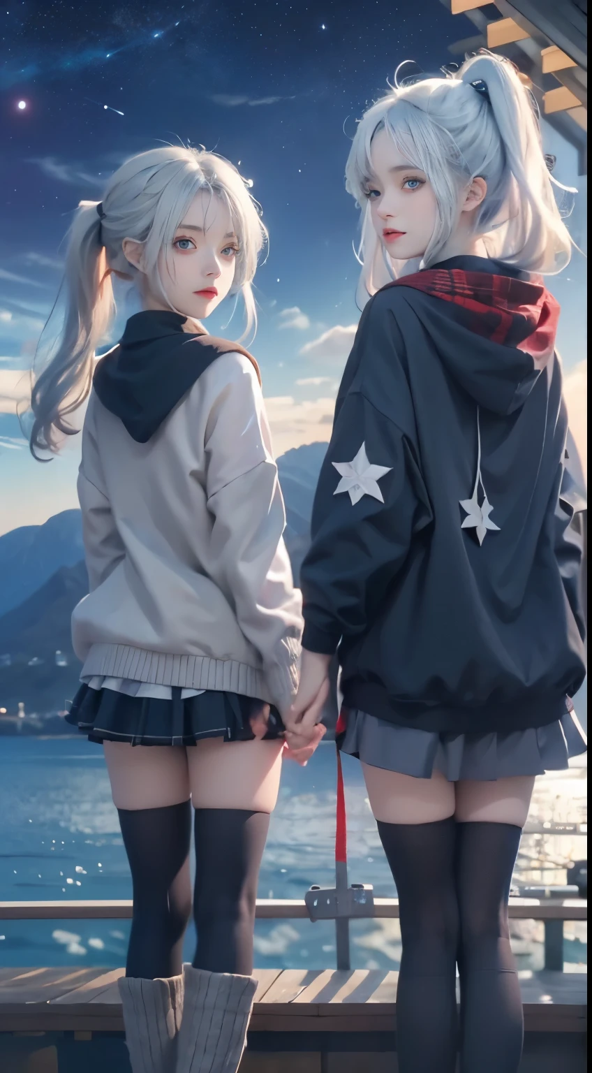anime characters,Girl with white hair and blue eyes,starry sky,collar,Beautiful and delicate eyes,look at the audience,sweater,Oceanside,night view,Two girls with ponytails,Ocean,mountains in the distance,Poker face,,