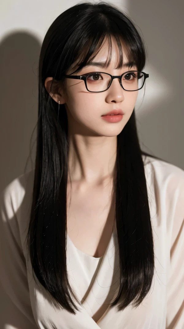 (RAW photo, 最high quality), (realistic, photo-realistic:1.3), very delicate and beautiful, wonderful, finely, masterpiece, Super detailed, High resolution, (best shadow), sharp focus, volumetric fog, 8k UHD, Digital single-lens reflex camera, high quality, Fujifilm XT3, black hair,straight long hair,Bangs on eyebrows, Glasses