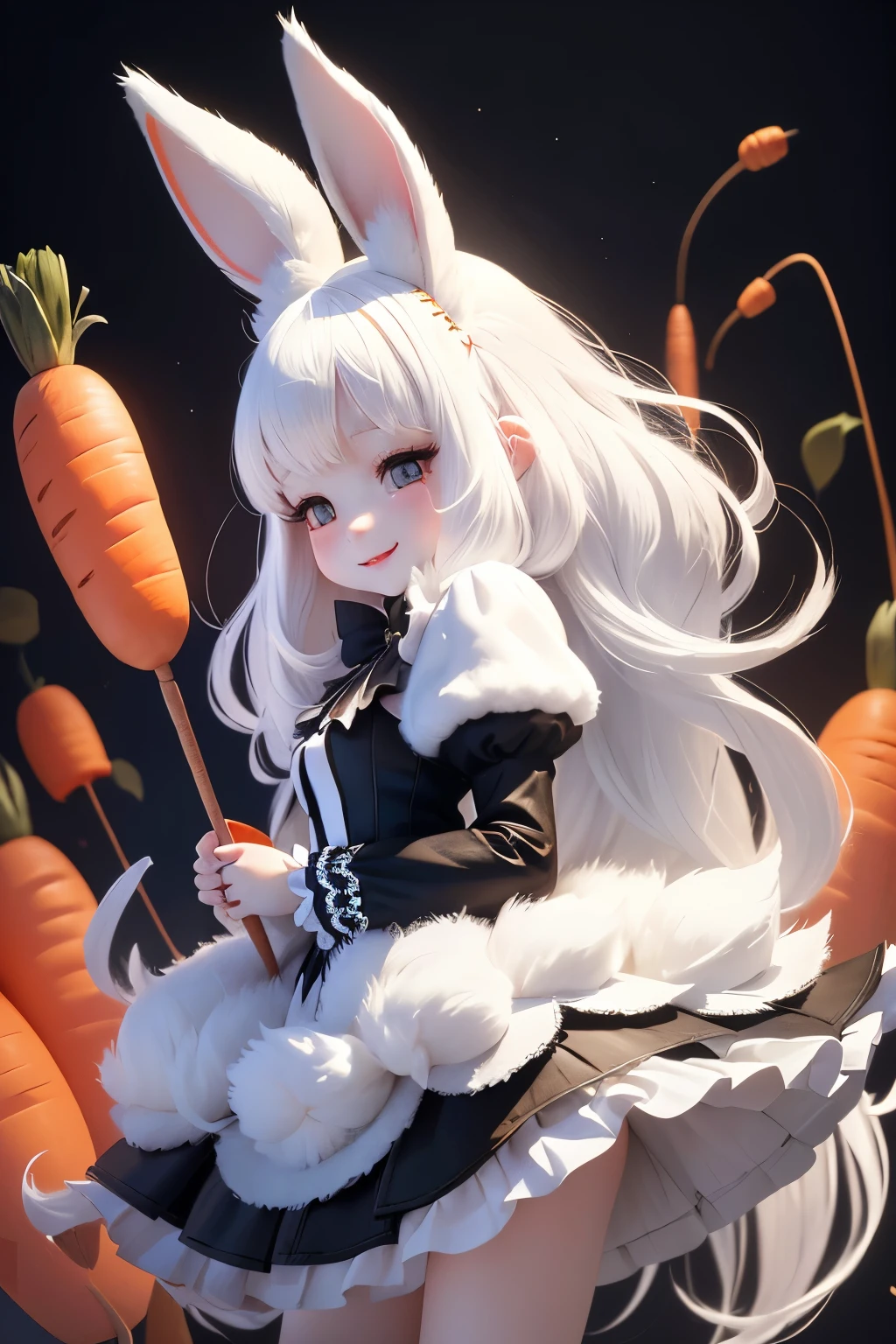 White Rabbit Girl(white hair&rabbit ears&fluffy fur)and black cat girl(black hair&black cat ears&fluffy fur)、high quality, Carrot、High resolution、genuine、3D、smile、((Shooting from the side)))、 high quality, Carrot、High resolution、genuine、3D、small ears、smile