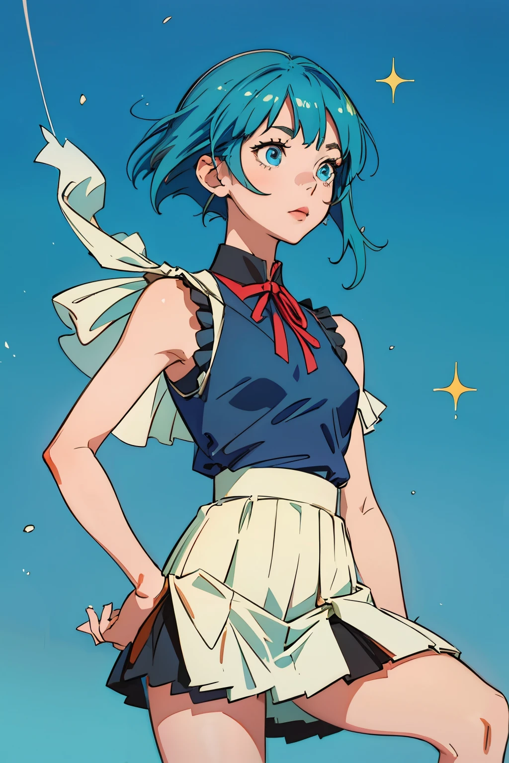 Nakano Yotsuba, the charming protagonist from The Quintessential Quintuplets, is depicted in this crisp and captivating image. Her sparkling blue and indigo eyes radiate a captivating energy, complemented by her vibrant Orange shoulder-length hair and bob hairstyle with a distinctive green ribbon tied around it. She dons a perfect blend of both modern and vintage anime styles, with a yellow sleeveless sweater over a collared white shirt and a green pleated skirt, reminiscent of the naoko takeuchi's 1990's anime classics. This solo illustration, in the best sfw quality, captures the essence of