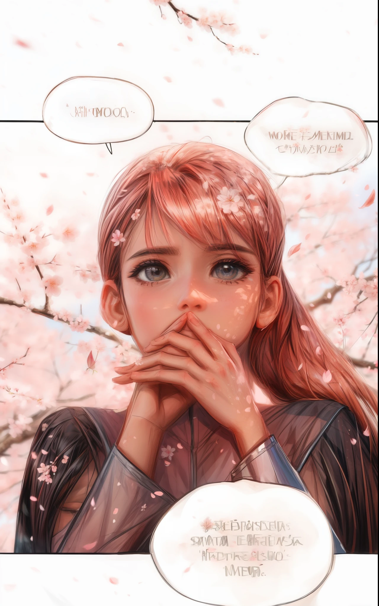 ((samdoesart)), uma linda garota, cabelo ruivo, linda mulher de anime, emocionada, apaixonada, ((cherry blossom petals in the background)), ((tree shade)), sombra de flor de cerejeira, ((pintura extremamente detalhada)), great quality, looking at camera, olhos azuis, (with hands over mouth)