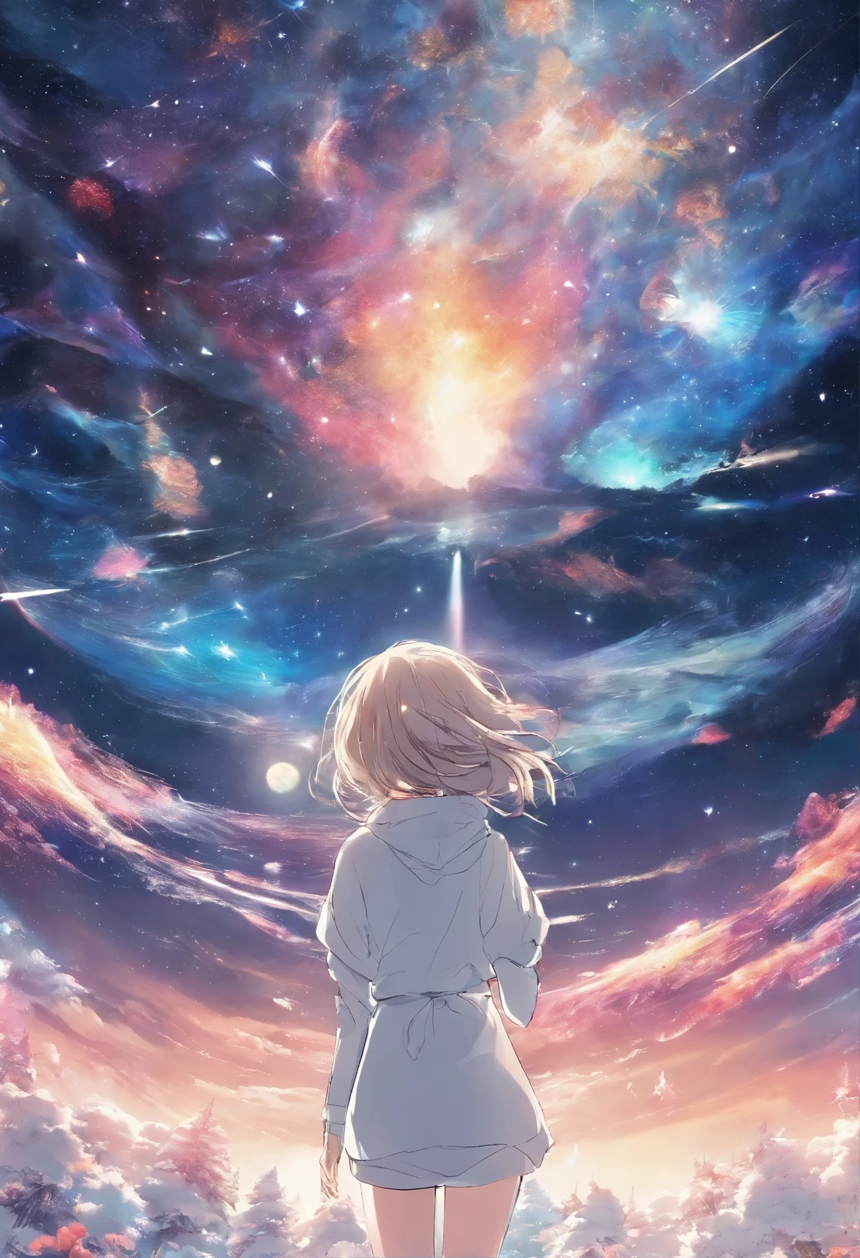 A stunning masterpiece of 8K RAW images, Glitter splash that expresses the beauty of space, Featuring a girl astronaut surrounded by a mesmerizing starry sky, brilliant aerial fireworks, Breathtaking views of the Northern Lights dancing in the Milky Way. Fisheye lens effect creates a festival-like atmosphere.