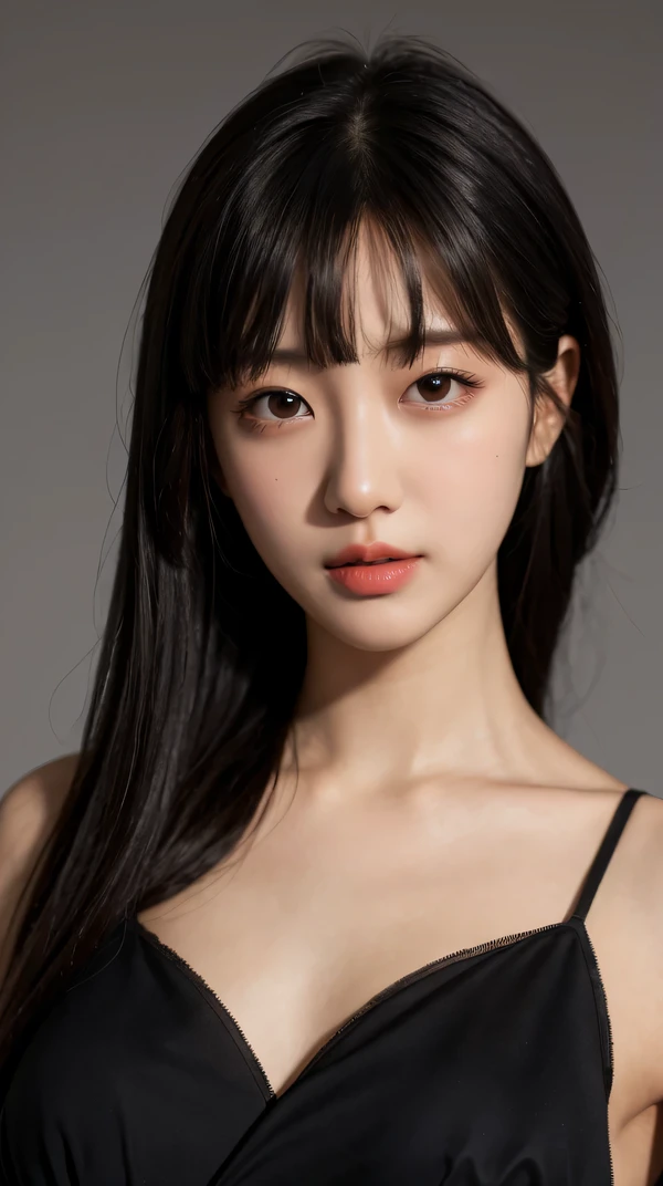 highest quality, Super detailed, masterpiece, finely, High resolution, 8k wallpaper, realistic details, Garment Details, skin details, photoshop \(Moderately\),because I&#39;thin,1 girl, 22 years ago, beautiful eyes, real skin, detailed face, bangs, long hair, black hair,  blunt bangs, Moderately , simple background, (Ulchan-6500-v1.1:0.5), dress,