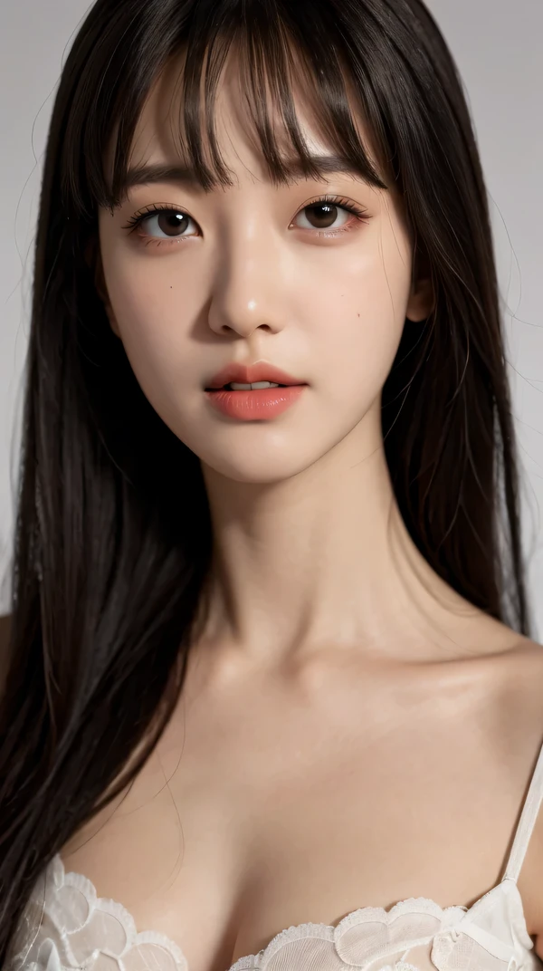 highest quality, Super detailed, masterpiece, finely, High resolution, 8k wallpaper, realistic details, Garment Details, skin details, photoshop \(Moderately\),because I&#39;thin,1 girl, 22 years ago, beautiful eyes, real skin, detailed face, bangs, long hair, black hair,  blunt bangs, Moderately breasts, simple background, (Ulchan-6500-v1.1:0.5), dress,