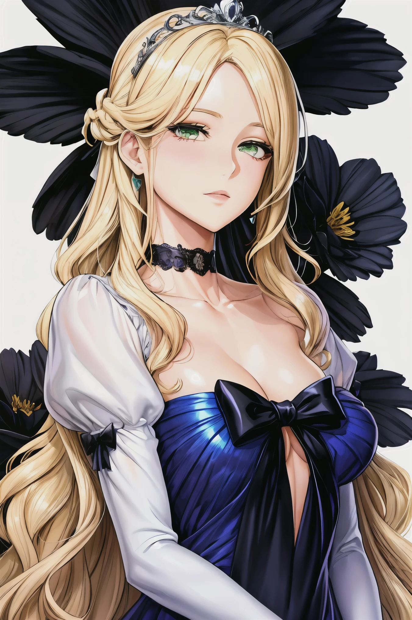 shoujo-style, floral background, romance manhwa, 1girl, blonde hair, solo, long hair, flower, dress, tiara, white dress, gloves, long sleeves, choker, green eyes, mascara, makeup, white gloves, black bow, black flower, wavy hair, bow, jewelry, looking at viewer, white background, collarbone, puffy sleeves, silver accessories, upper body, parted bangs, very long hair, blue dress, frills, bangs, closed mouth, detailed eyes, (close up), gleaming skin, shiny glossy skin