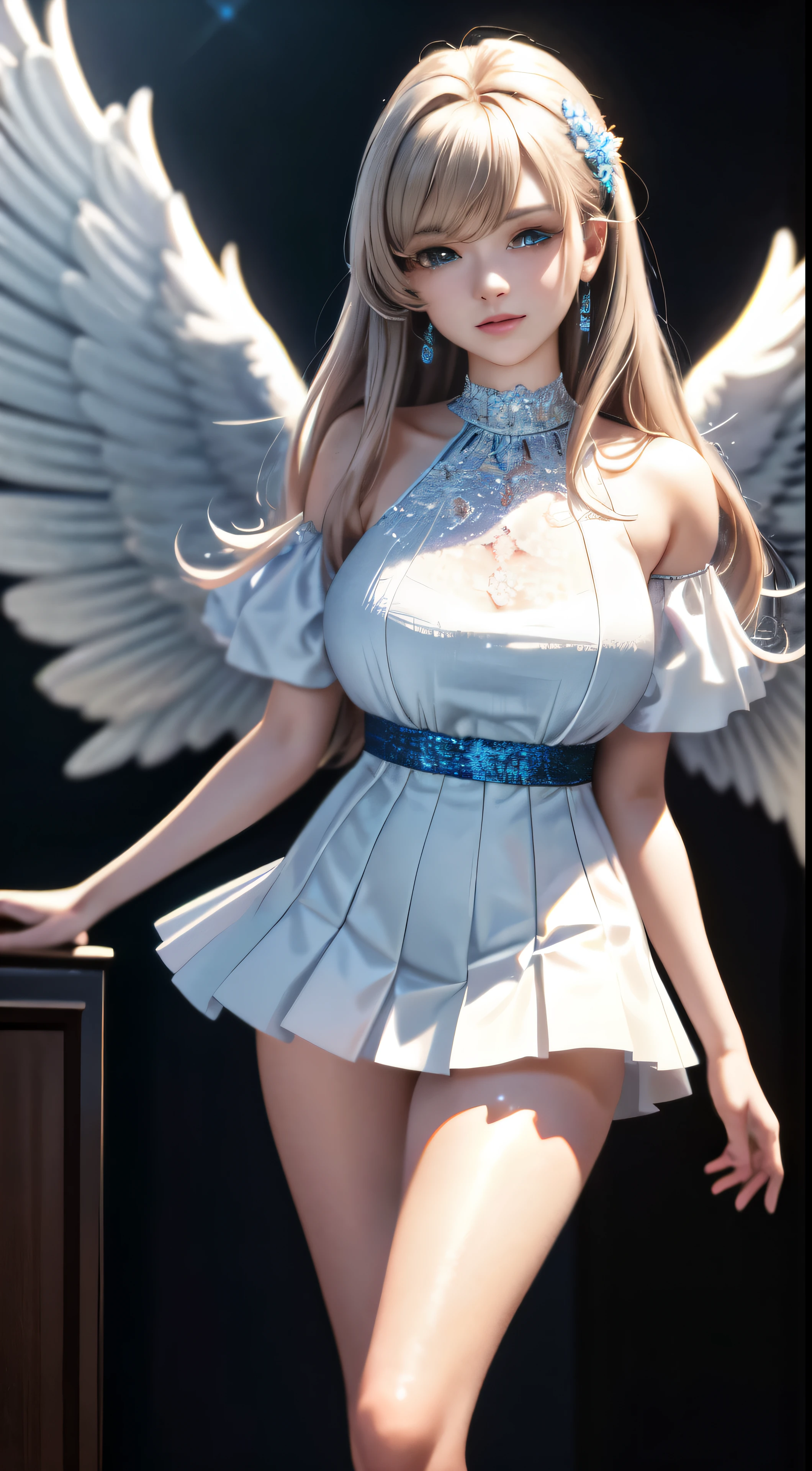 Lunar Goddess Lux from League of Legends with Angel wings, fully detailed fit body, full detailed face, detailed Eyes, detailed mouth, beautiful natural breasts covered by her clothes, her body covered in Oil, sexy Make-Up, shy and seductive look, long spreaded legs, realistic style, narrow hips, pretty face, perfect lightning, detailed hair, detailed background, wearing a negligee with lace, wearing Stockings and High heels, getting pov fucked