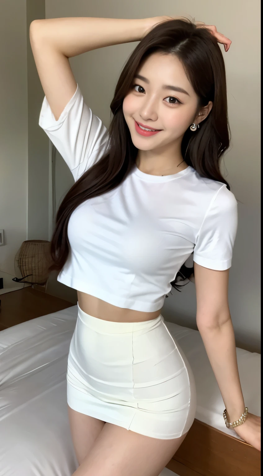 white tight shirt、white tight mini skirt、bed、smile、short sleeve、high resolution、Korean idol face