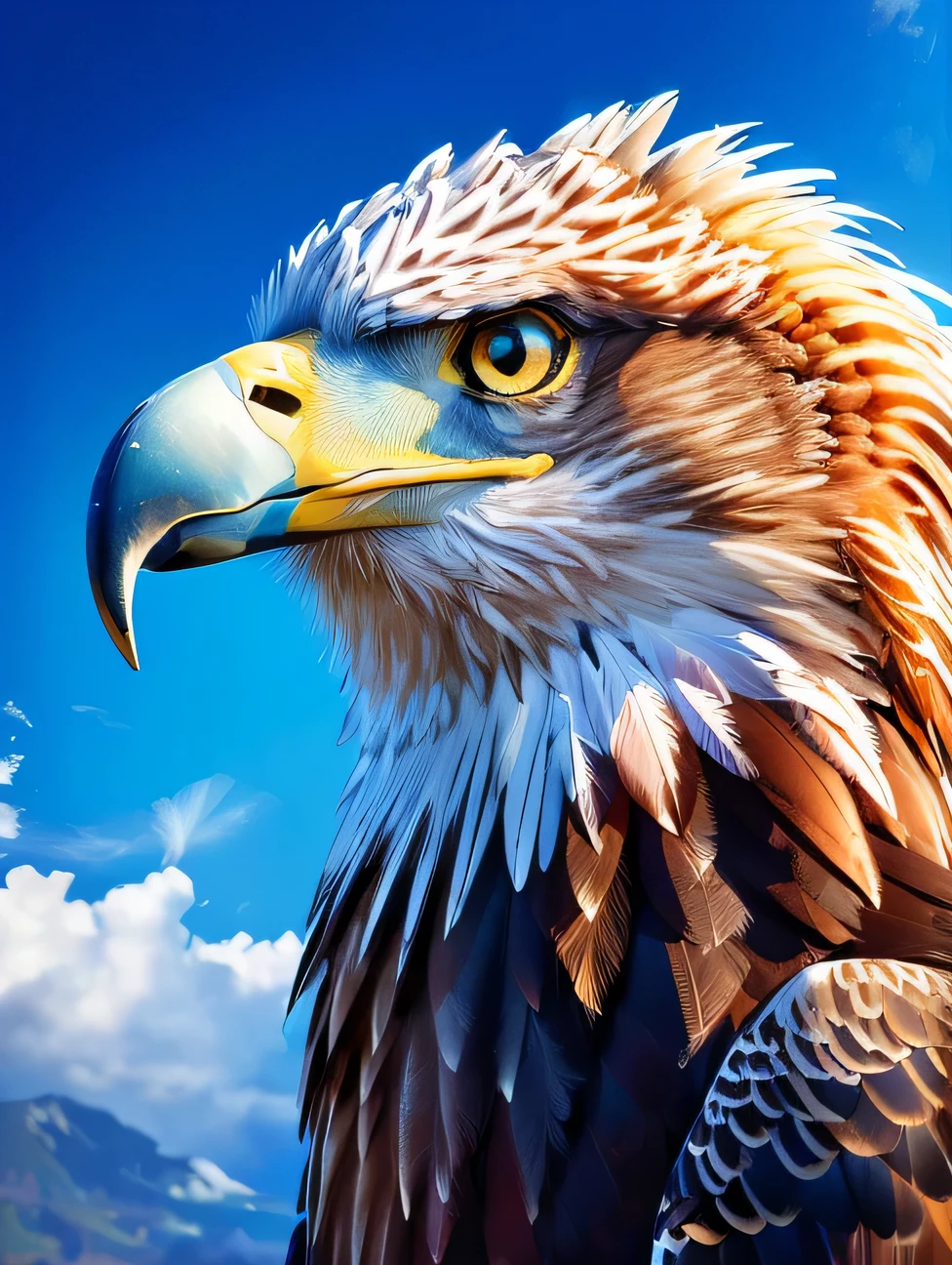 (masterpiece, high quality), close up of a giant sea eagle, feathers cascading in rainbow shades, piercing gaze against a clear blue sky, focused with a shallow depth of field, iridescence on plumage catching the light, majestic, best resolution, HD, realistic, ultra fine detail, digital painting