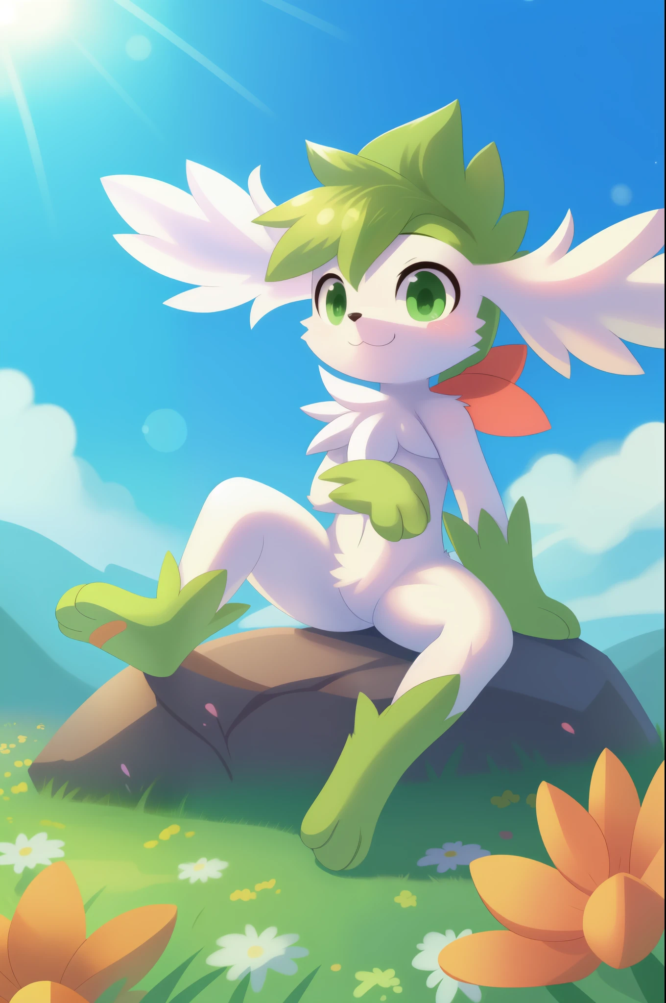 Shaymin (Sky forme), young, green hair, green eyes, black nose, white body fur, green hands, green feets, detailed face, detailed eyes, detailed body fur, glistering body, shiny body, gorgeous body, full body, feets whit three toes, :3, flower field, clear sky, looking at you, sit on rock, masterpiece,