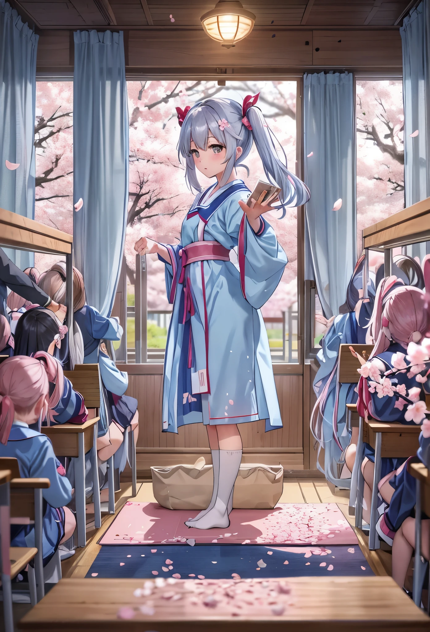 wearing an academic gown light blue long hair Beautiful girl with twin tails Cherry blossoms outside the window Cherry blossom petals are dancing A group of classmates are watching