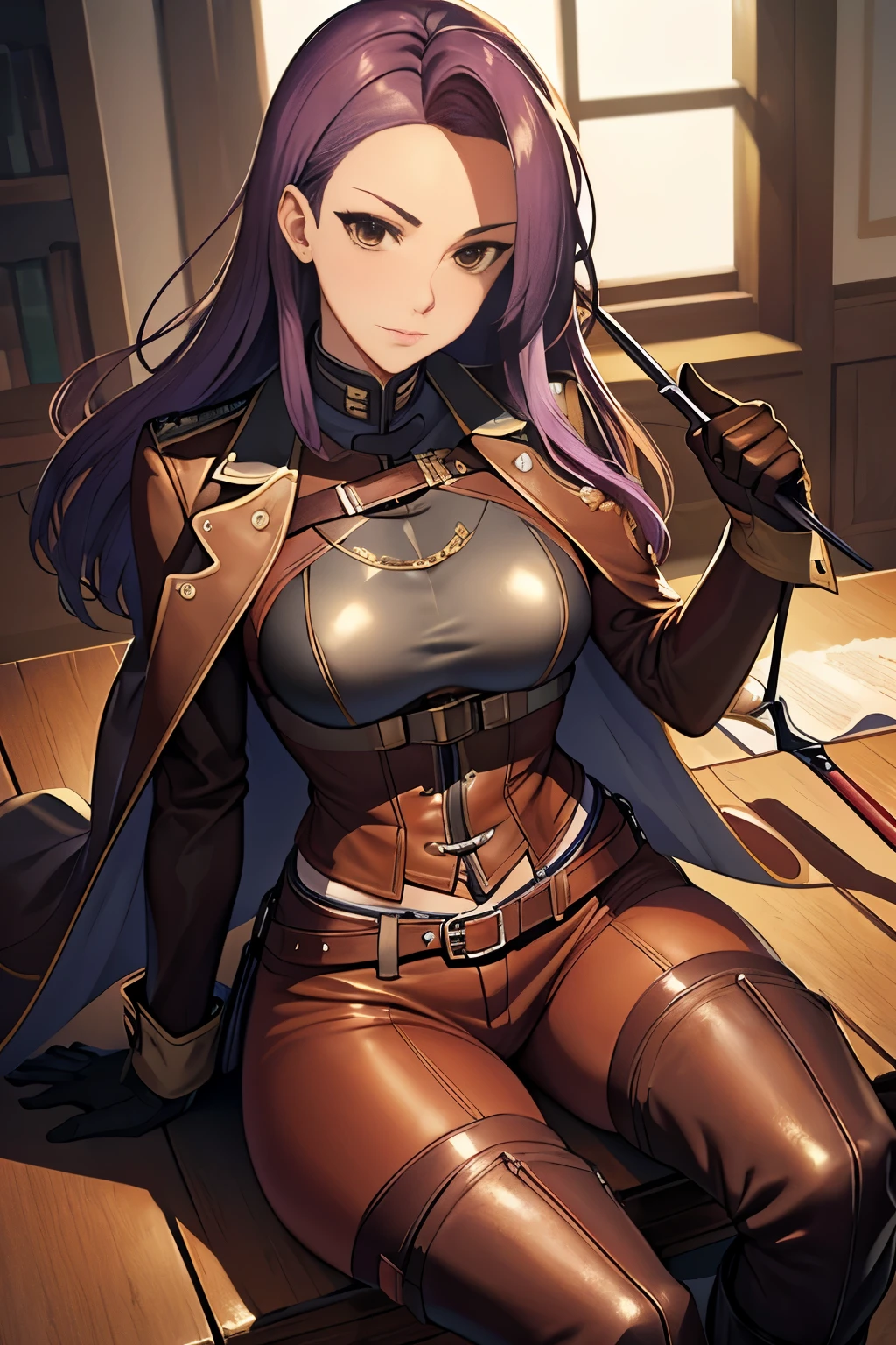 defsonya, purple hair, (((full body))), jodhpurs, riding pants, tight pants, (pants), beige pants riding coat, (((tailcoat))), red tailcoat, equestrian, equestrienne, ((riding crop)), (((brown leather thigh high boots))), (((brown leather thigh-high boots))), (((brown boots))), (((brown leather gloves))), ((opera gloves)), gloves, ((jockey)), heel being shown, using riding crop, ((stiletto heel)), pointy heel, ((sitting on saddle)), ((brown saddle)), ((riding saddle)), legs across saddle, sitting pretty,riding crop(5:1),sexy,anime(7:1),POV(3:1),1girl(5:1),busty,thin waist,high quality,best quality,racetrack,grassy field,race track,boot worship(3:1),horse race track,anime milf,mature anime woman,boot fetish(3:1),white pants,anime style,solo,anime face(3:1),looking at viewer,looking at camera,purple hair,femdom[2:1],fullbody(3:1),tan pants,pants,small nose,anime nose(3:1),no nose,full body view,beige pants,looking down at viewer(4:1),foreshortening,beige_pants,beige riding pants,white riding pants,looking down,pov eye contact