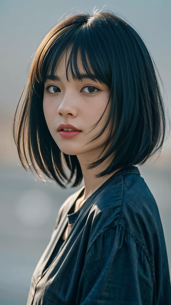 (RAW photo, highest quality), (realistic, photo-realistic:1.3),1 girl, black hair, Bangs on eyebrows, bob cut hair, blouse, close up of face, simple gray background,facing forward, perfect anatomy, written boundary depth, spiritual silence, transcendental tranquility, confused, HDR, Ultra-detailed illustrations, highly detailed face, RAW photo, film grain, trend in deviantart, movie scene