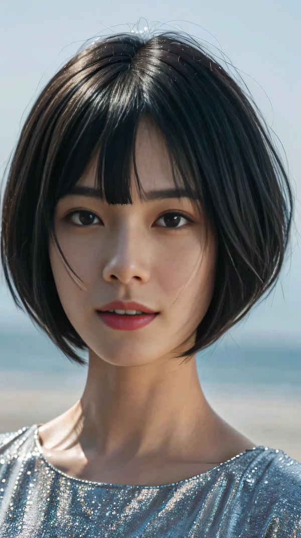 (RAW photo, highest quality), (realistic, photo-realistic:1.3),1 girl, black hair, Bangs on eyebrows, bob cut hair, blouse, close up of face, simple gray background,facing forward, perfect anatomy, written boundary depth, spiritual silence, transcendental tranquility, confused, HDR, Ultra-detailed illustrations, highly detailed face, RAW photo, film grain, trend in deviantart, movie scene