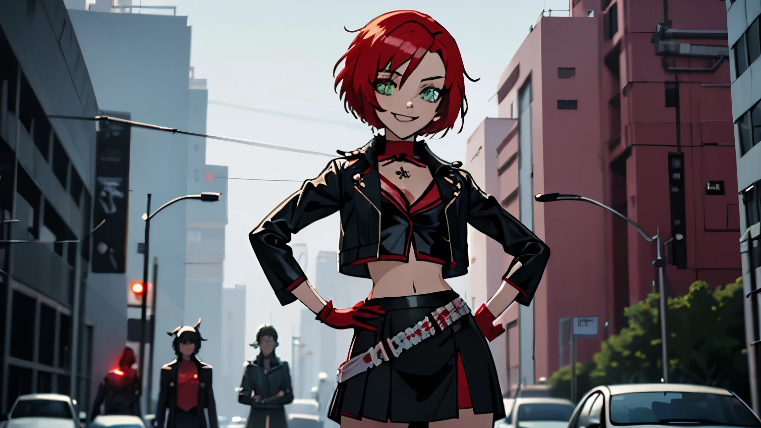 mastepiece, anime style, Best Quality, Perfect Anatomy, human, 1girl, Solo!!, green eyes, red hair, short hair, cyberpunk clothes, black latex jacket, black latex top, red gloves, skirt, Standing, Hands on hips, Smile, highway scene, Data Stream.